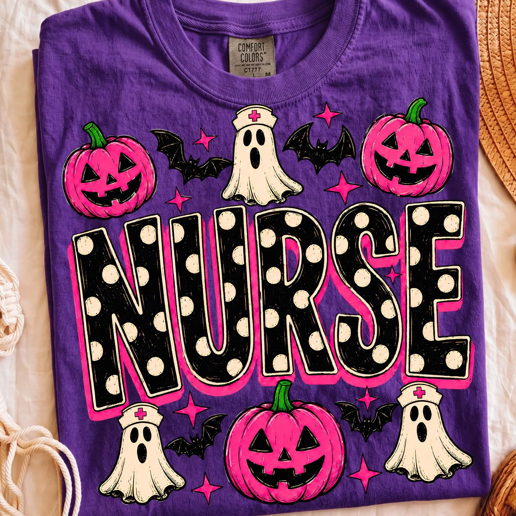 Comfort Colors Halloween Nurse T-Shirt, Cute Polka Dot Ghost Graphic Tee, Nursing Gift - photo 4
