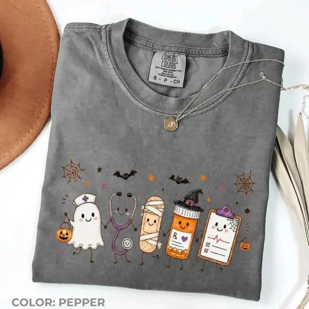 Comfort Colors Halloween Nurse Doodle T-Shirt, Ghost Stethoscope Mummy Pill Bottle Medical Tee, Womens Soft Cotton Top - photo 3