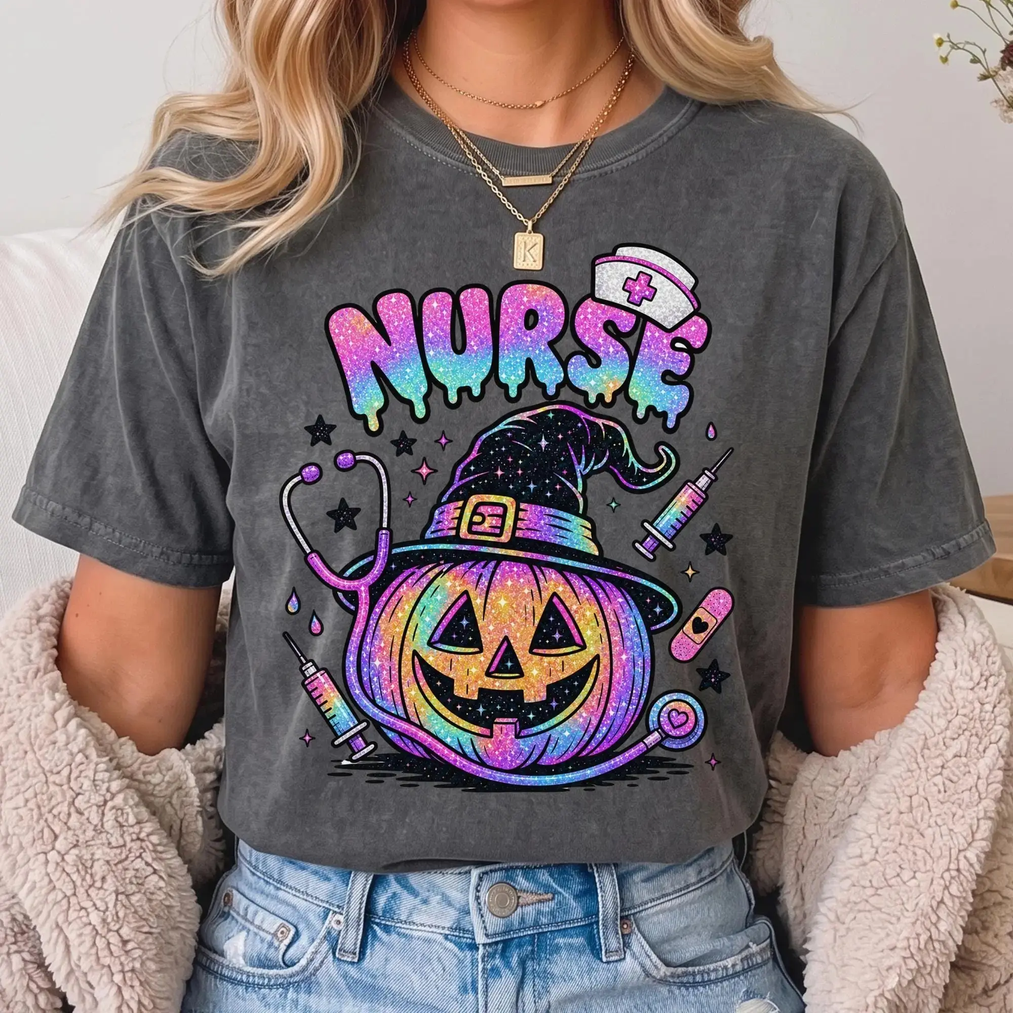 Comfort Colors Halloween Nurse Shirt, Spooky Witch Pumpkin Graphic Tee, Funny Nursing Life Gift - photo 2