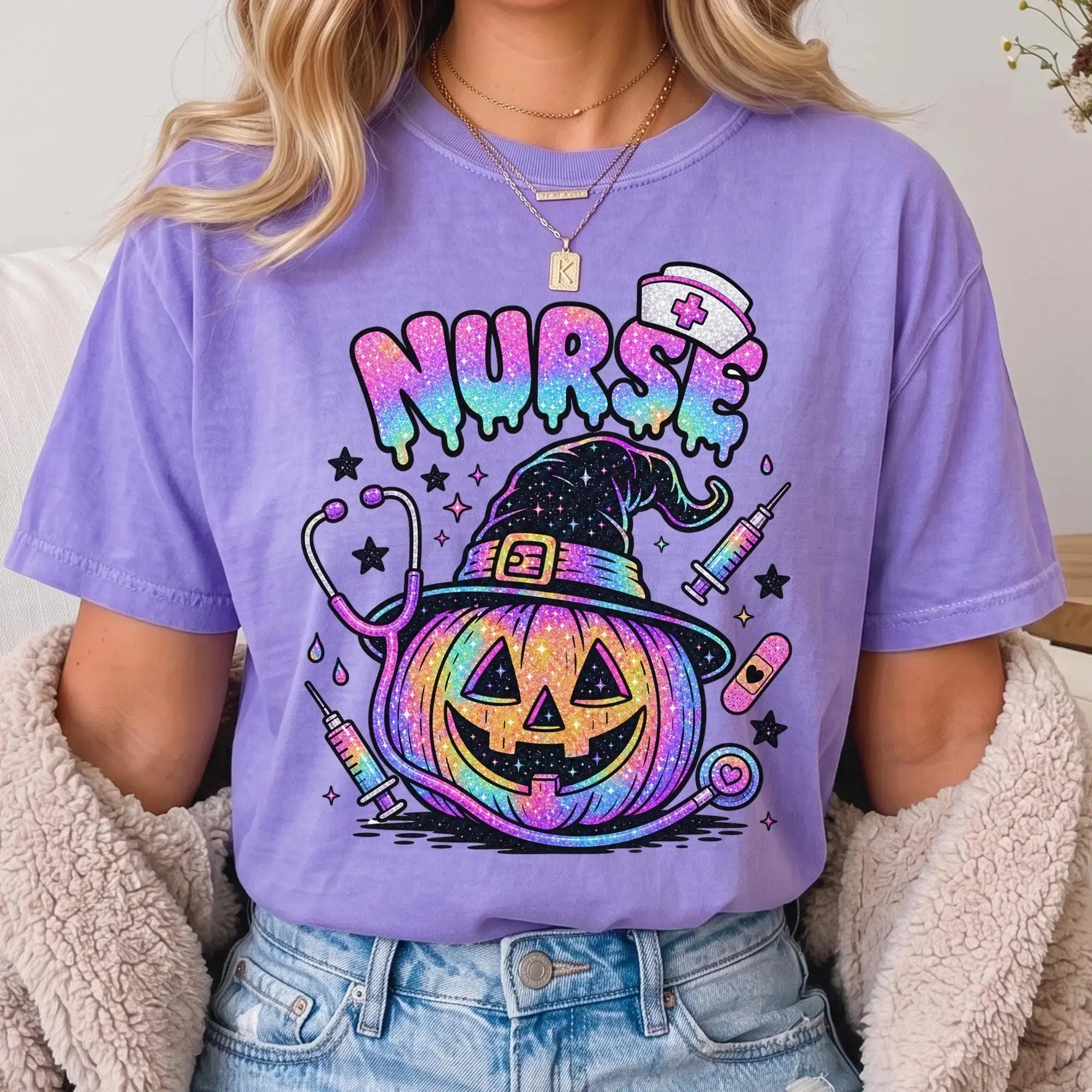 Comfort Colors Halloween Nurse Shirt, Spooky Witch Pumpkin Graphic Tee, Funny Nursing Life Gift - photo 3