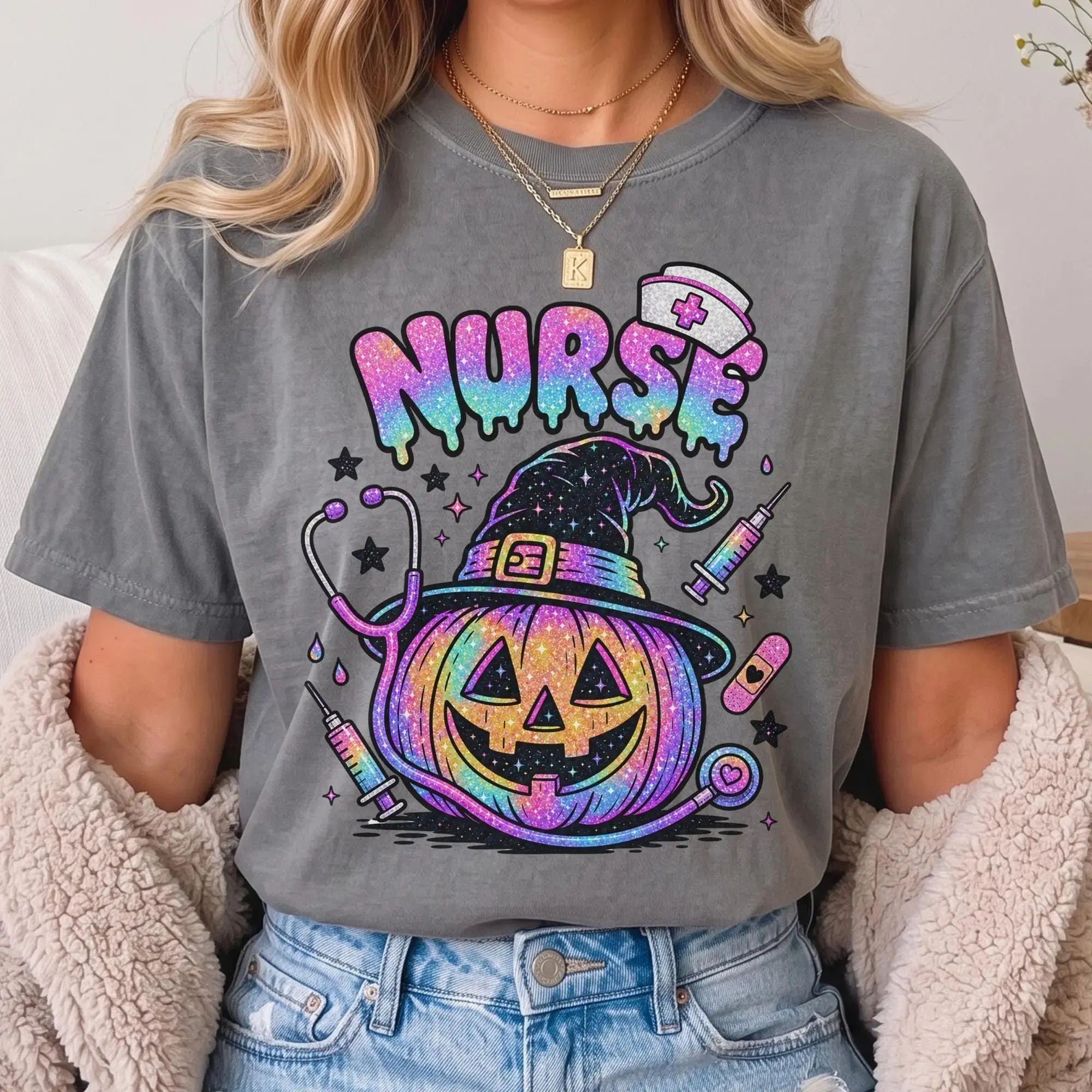 Comfort Colors Halloween Nurse Shirt, Spooky Witch Pumpkin Graphic Tee, Funny Nursing Life Gift - photo 4