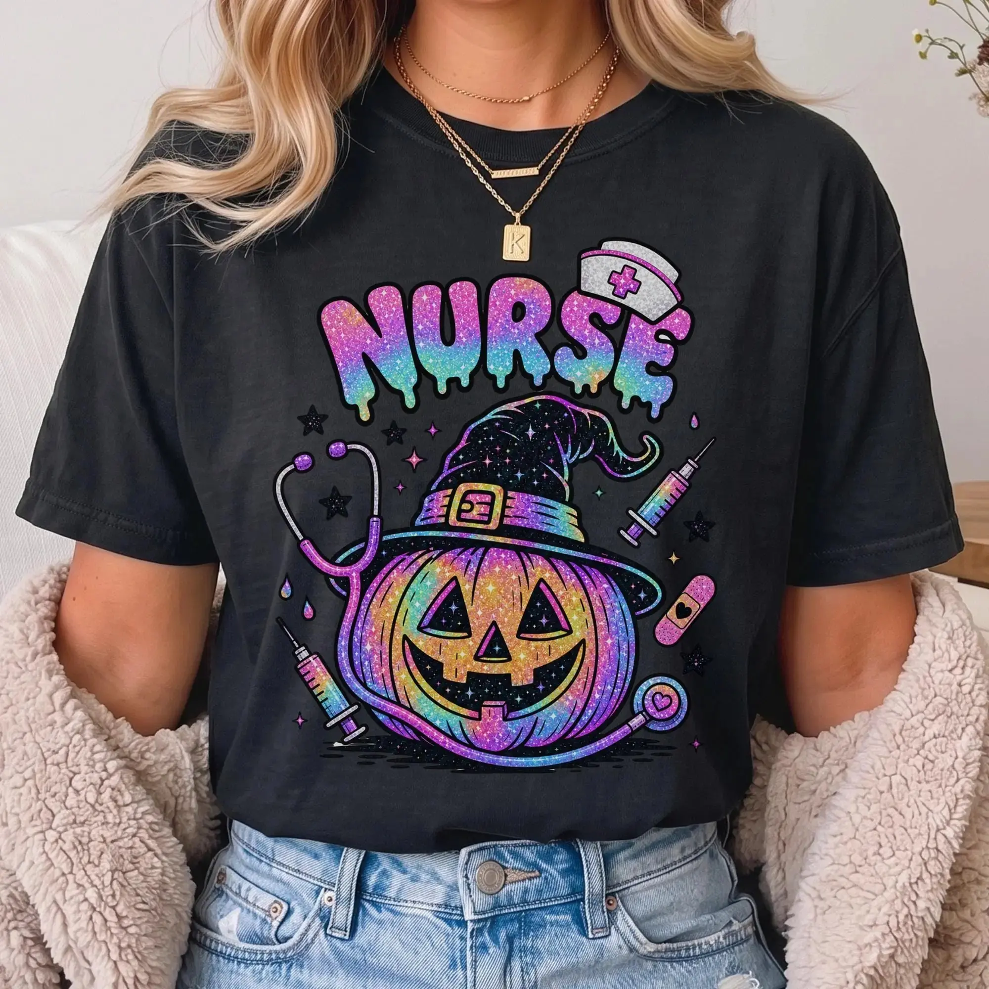 Comfort Colors Halloween Nurse Shirt, Spooky Witch Pumpkin Graphic Tee, Funny Nursing Life Gift - photo 5