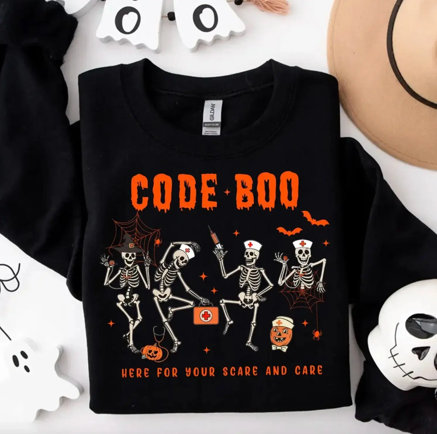 Halloween Nurse Sweatshirt, Code Boo Skeleton Graphic Top, Spooky Season Nursing Gift