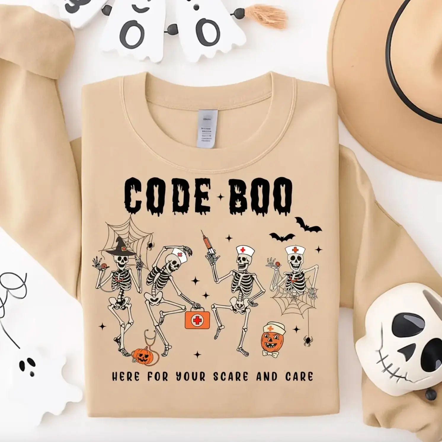 Halloween Nurse Sweatshirt, Code Boo Skeleton Graphic Top, Spooky Season Nursing Gift - photo 2