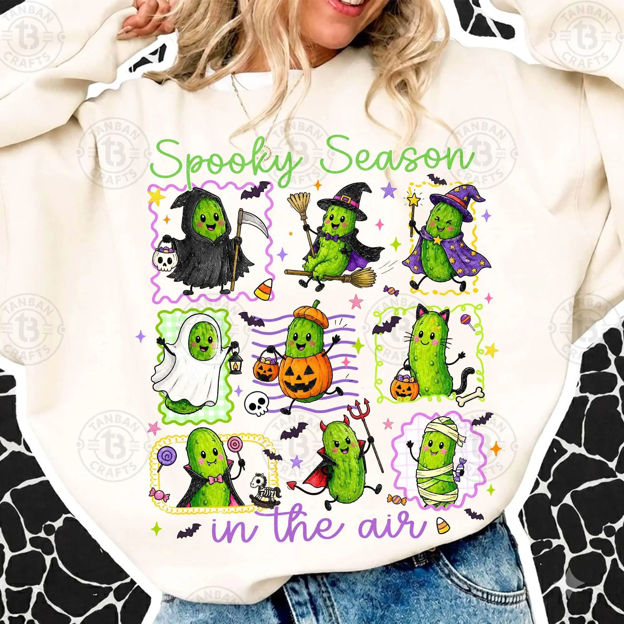 Comfort Colors Happy Halloween Pickle Shirt, Cute Trick or Treat Funny Witch Ghost Vampire Graphic Tee - photo 3