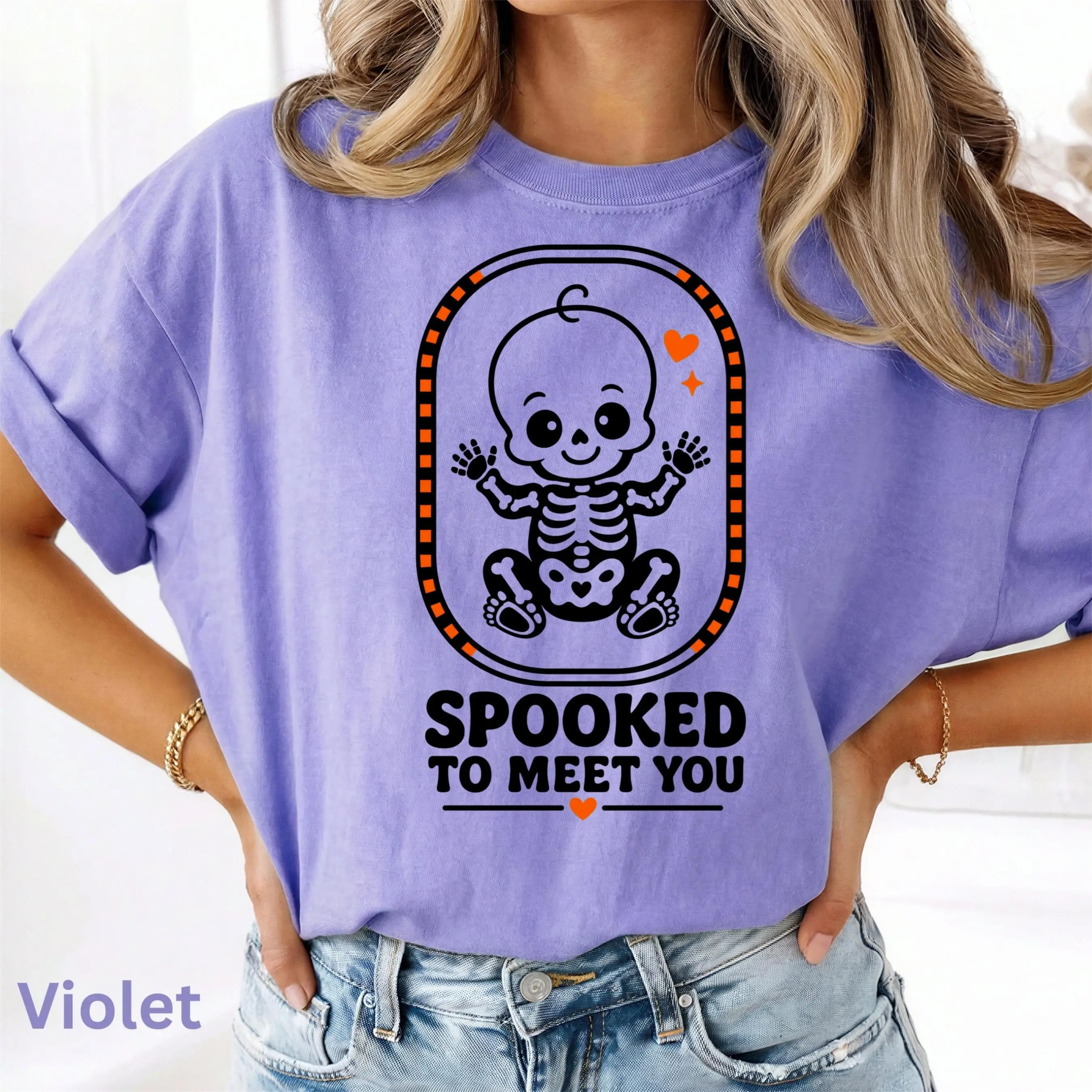 Comfort Colors Halloween Pregnancy Announcement Shirt, Skeleton Baby Reveal Tee, October Mama To Be Gift - photo 2