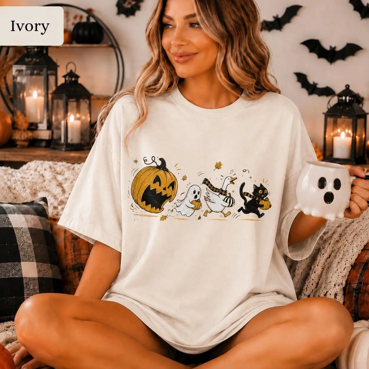 Comfort Colors Halloween Pumpkin Chasing Ghost Goose Black Cat T-Shirt, Funny Spooky Autumn Animal Graphic Tee Gift - photo 3