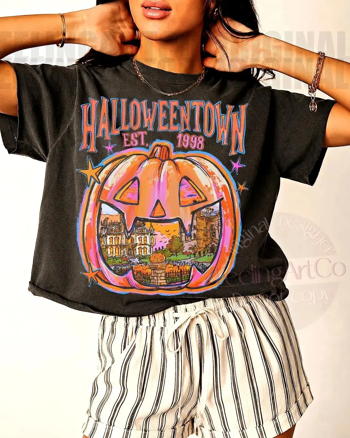 Halloween Pumpkin Comfort Colors Shirt for Women, Retro Spooky Season Tee, Preppy Jack O Lantern Autumn Graphic Top - photo 3
