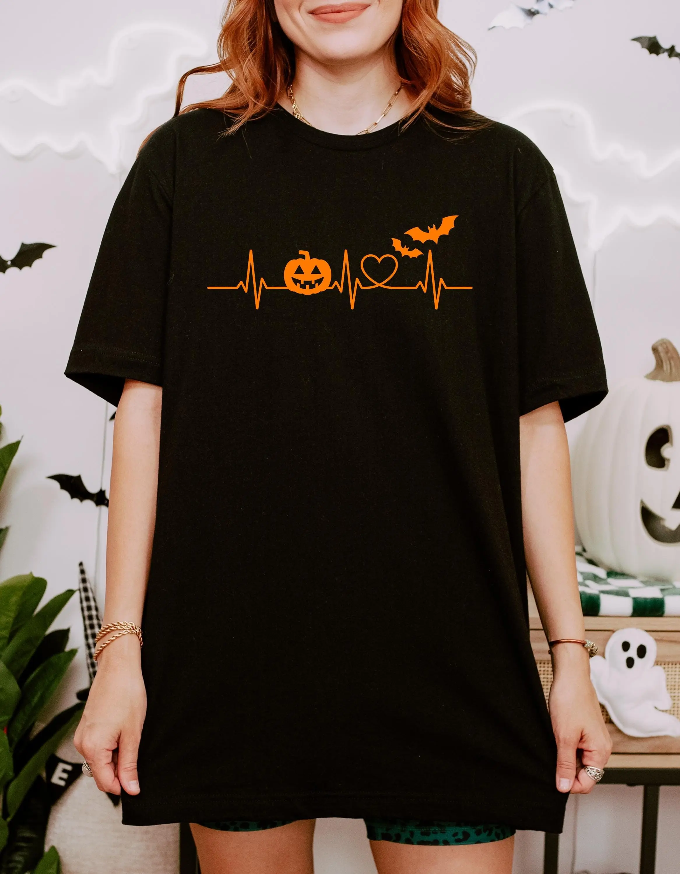 Halloween Pumpkin Heartbeat T-Shirt, Funny Fall Gift Tee