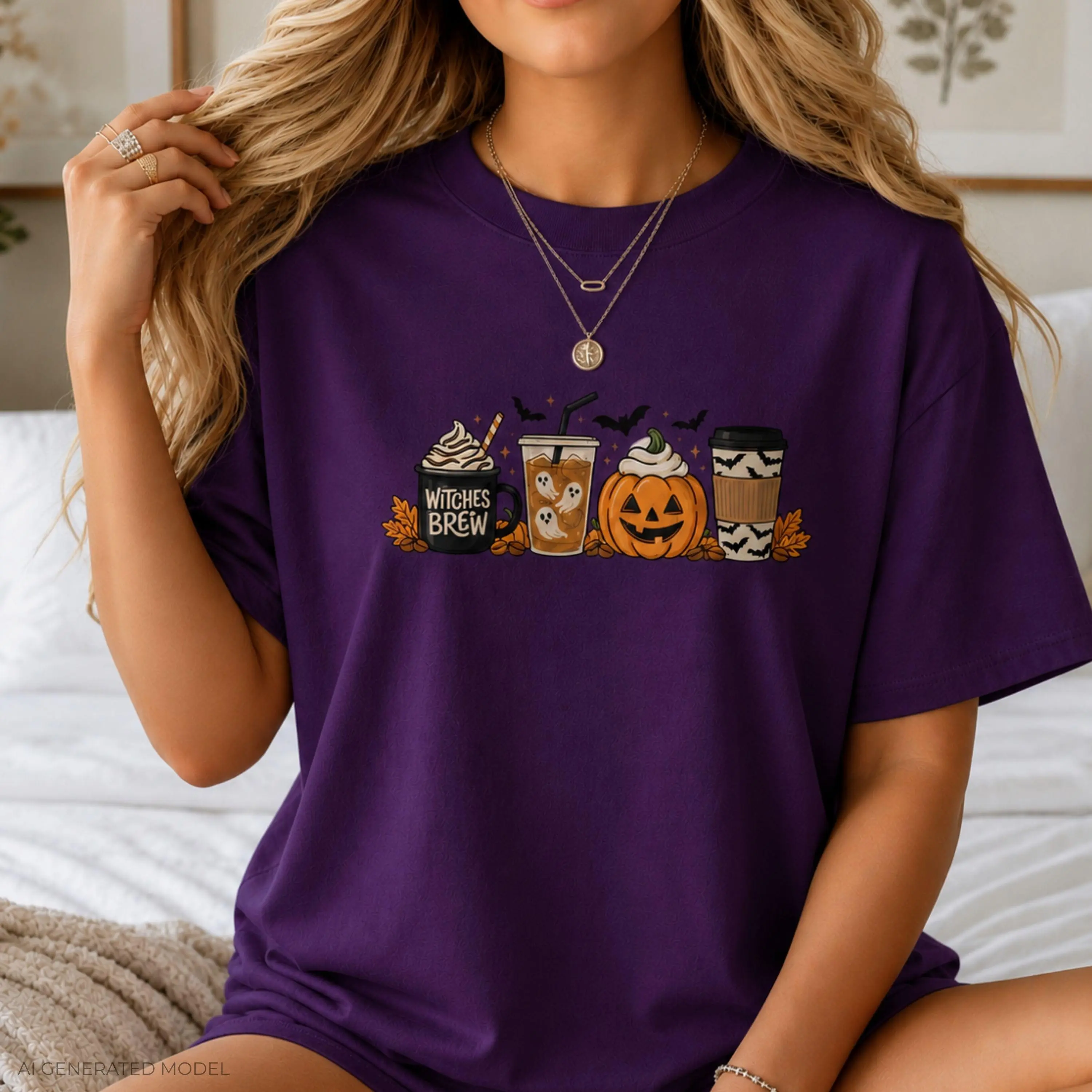 Halloween Pumpkin Latte Lineup T-Shirt for Women, Spooky Coffee Graphic Tee, Cute Fall Autumn Spice Short Sleeve Top