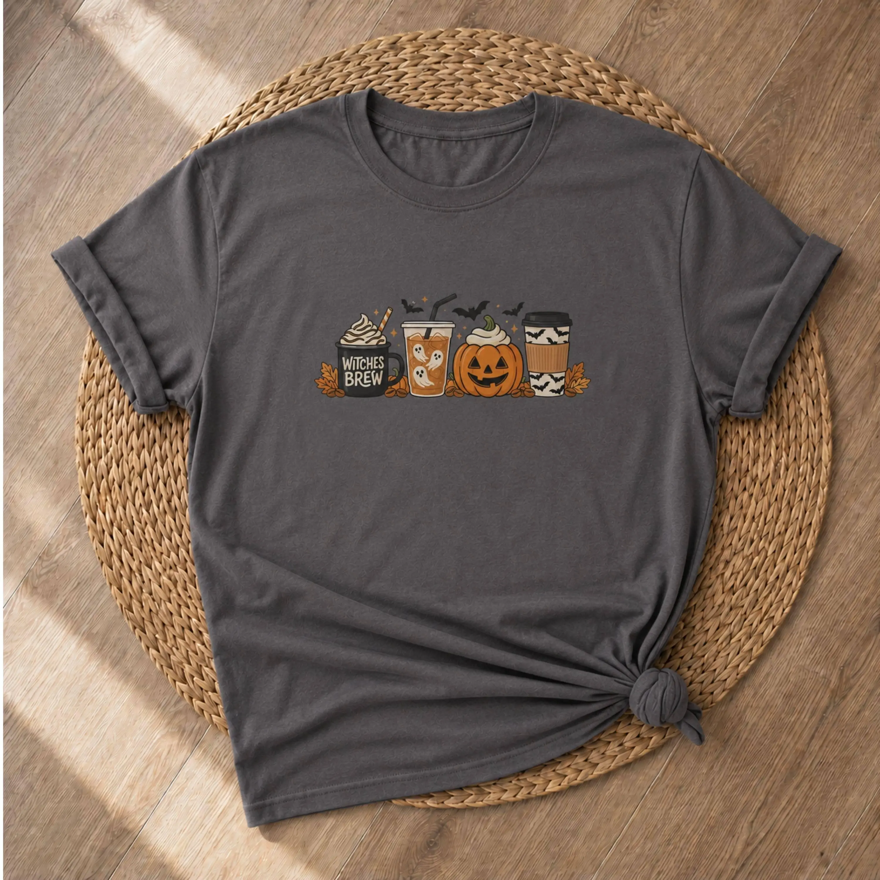 Halloween Pumpkin Latte Lineup T-Shirt for Women, Spooky Coffee Graphic Tee, Cute Fall Autumn Spice Short Sleeve Top - photo 4