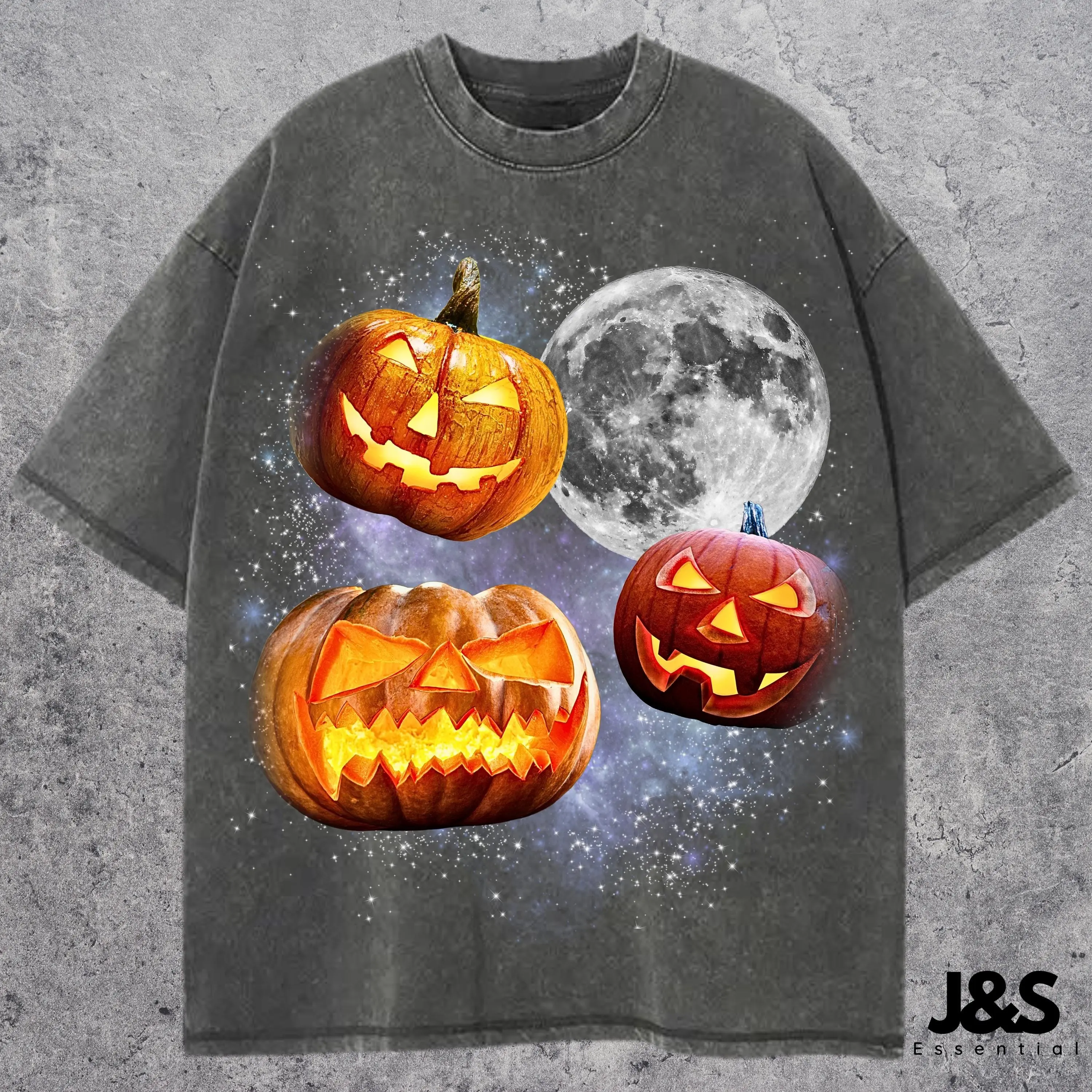 Halloween Pumpkin Retro Graphic T-Shirt, Vintage Moon Funny Oversized Washed Tee