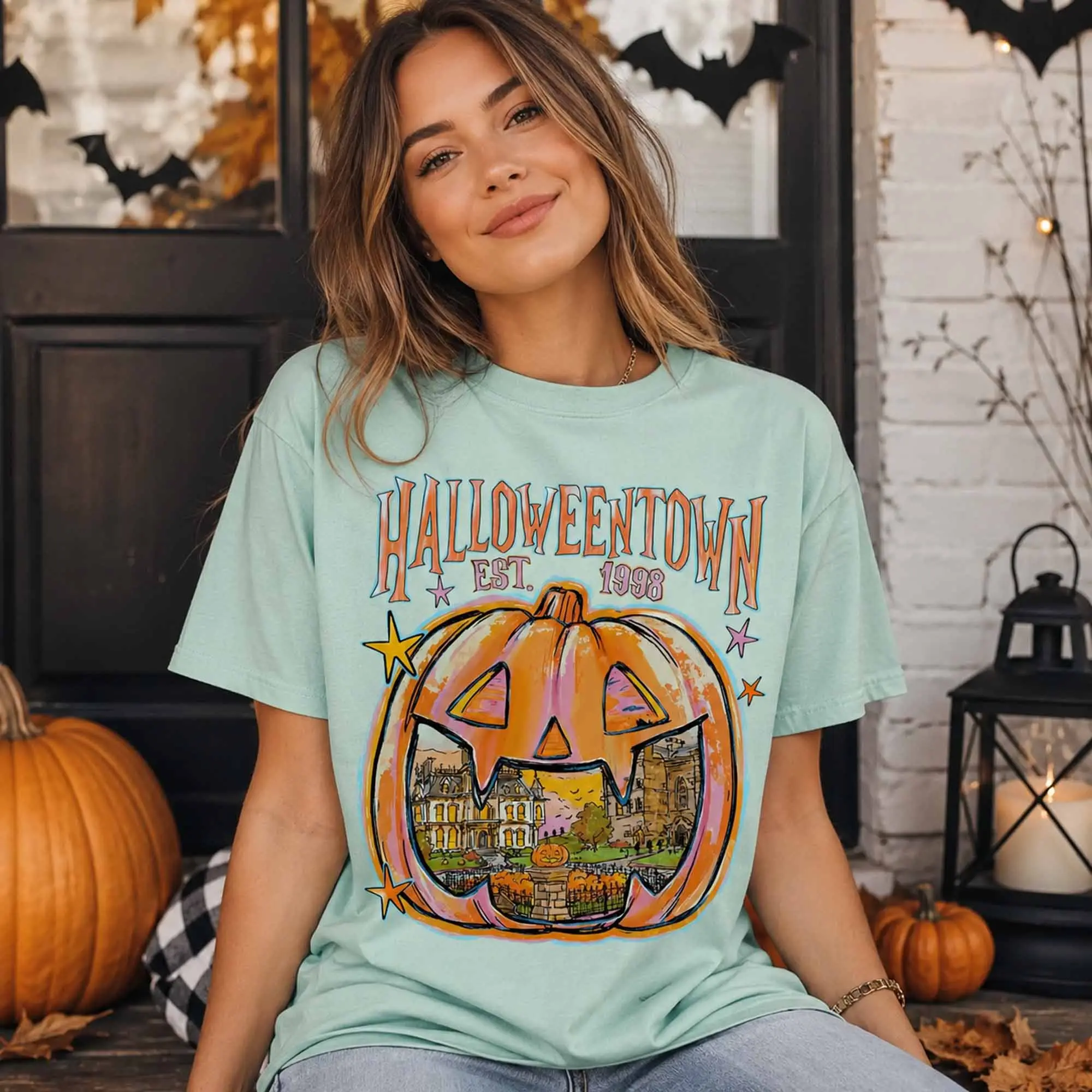 Halloween Pumpkin Shirt, Retro Spooky Season Preppy Lantern Graphic Autumn Tee - photo 3