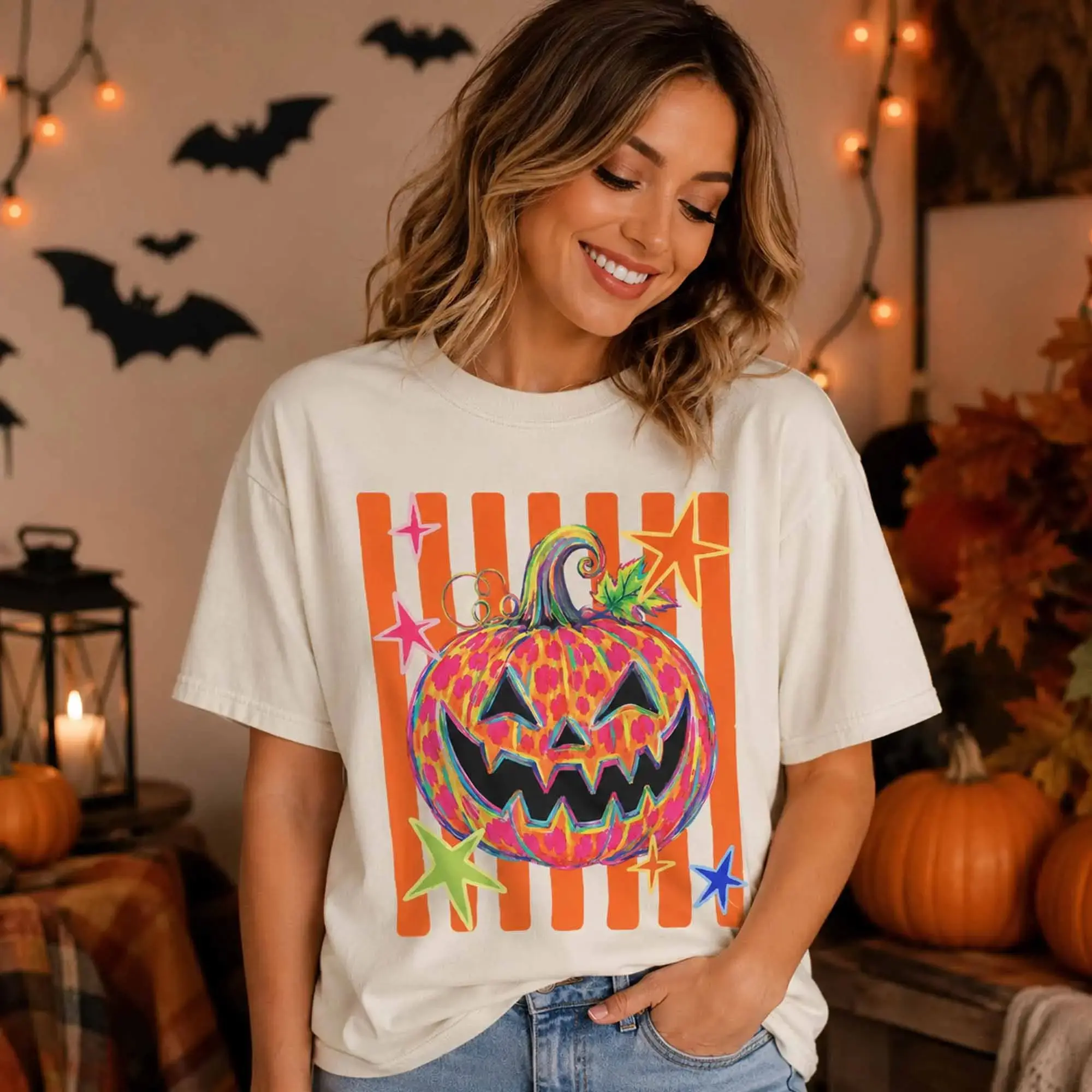 Halloween Striped Pumpkin Tee, Hand Drawn Leopard Colorful Lantern Graphic Shirt, Boutique Fall Style