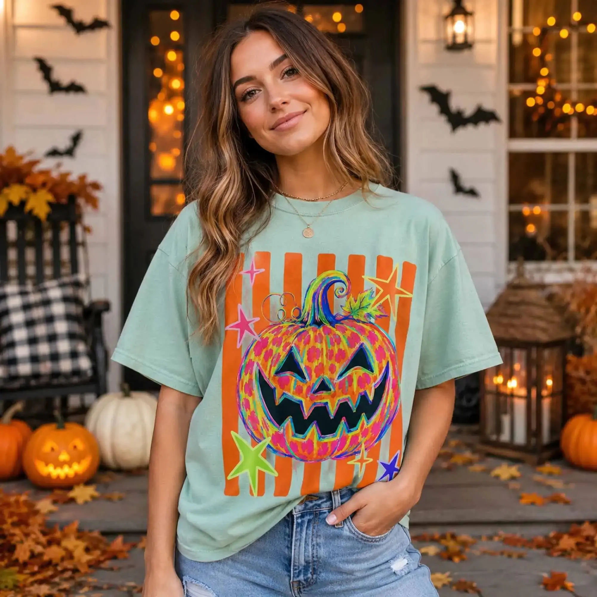 Halloween Striped Pumpkin Tee, Hand Drawn Leopard Colorful Lantern Graphic Shirt, Boutique Fall Style - photo 2