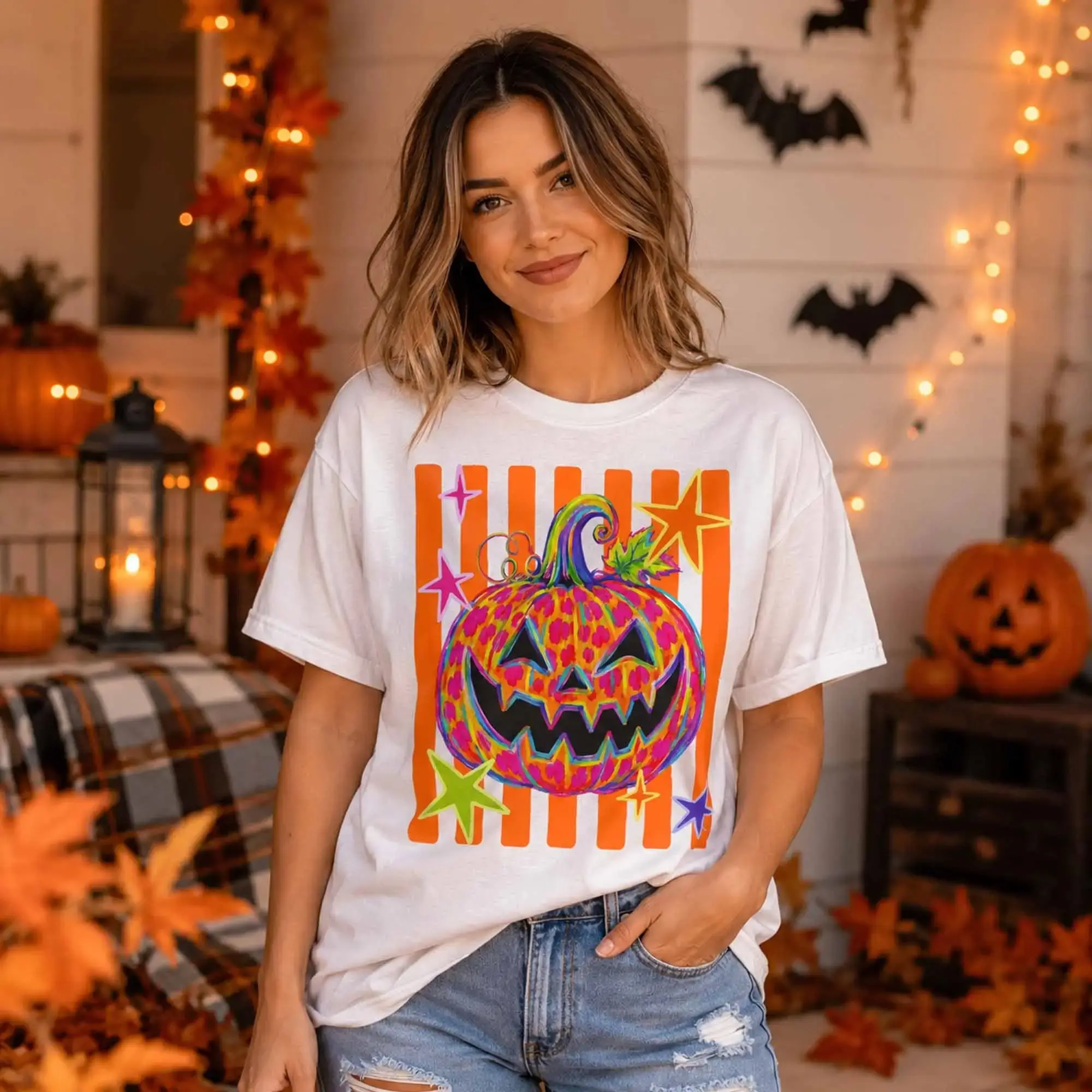 Halloween Striped Pumpkin Tee, Hand Drawn Leopard Colorful Lantern Graphic Shirt, Boutique Fall Style - photo 3