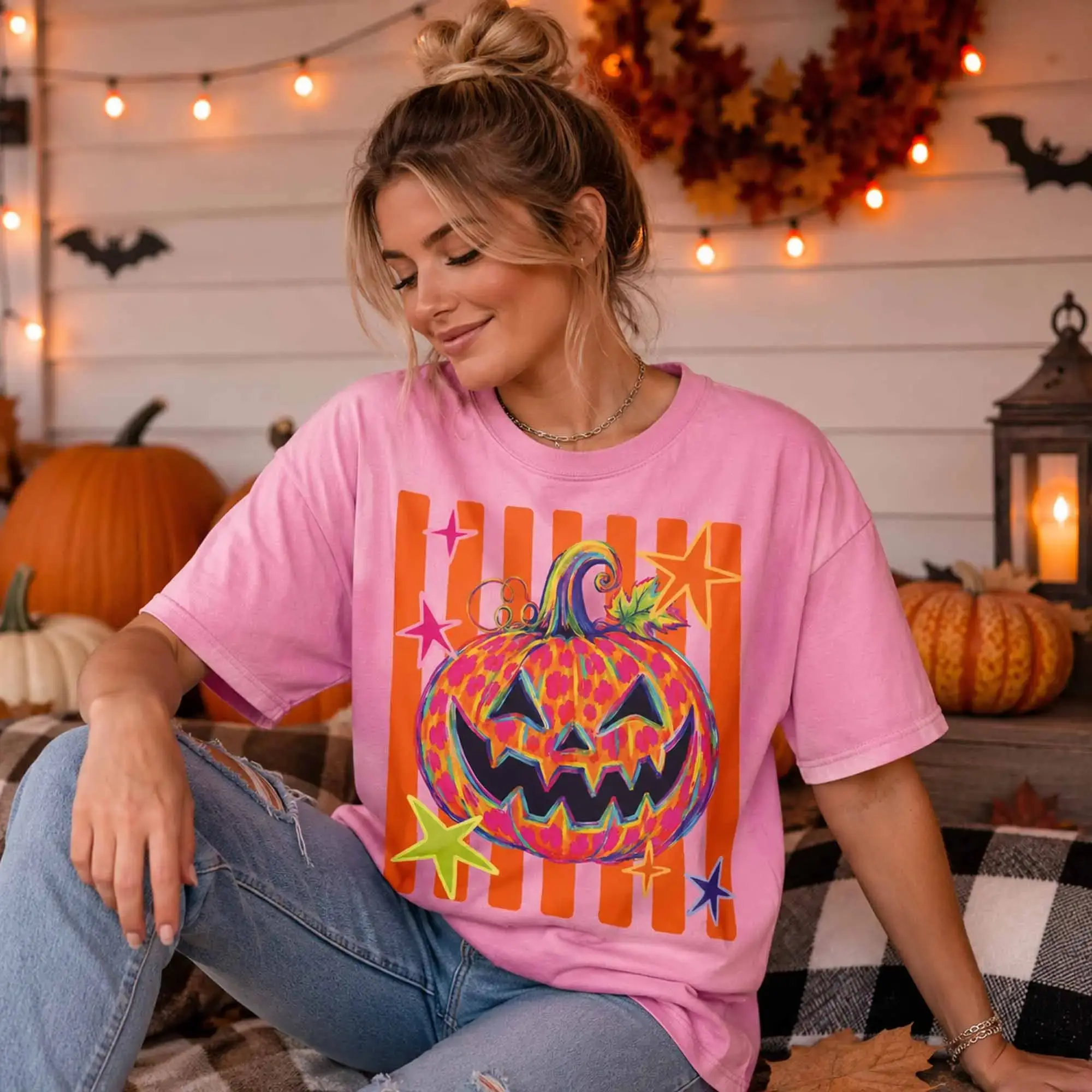 Halloween Striped Pumpkin Tee, Hand Drawn Leopard Colorful Lantern Graphic Shirt, Boutique Fall Style - photo 4
