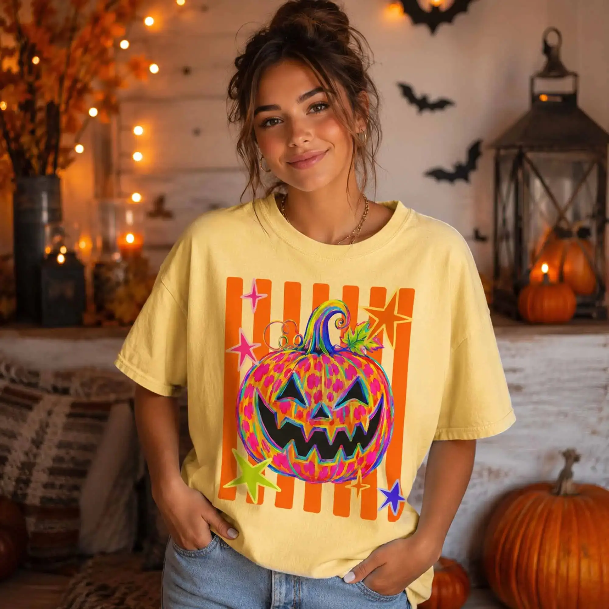 Halloween Striped Pumpkin Tee, Hand Drawn Leopard Colorful Lantern Graphic Shirt, Boutique Fall Style - photo 5