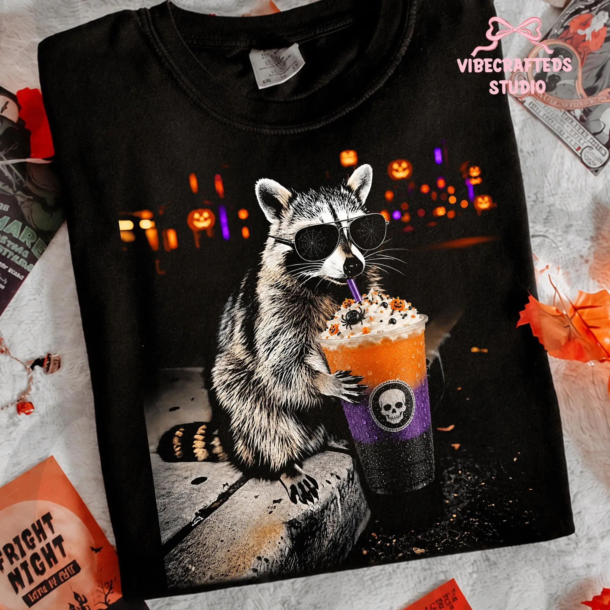Halloween Raccoon Drinking Coffee Slush Shirt, Funny Spooky Fall Unisex Tee or Sweatshirt