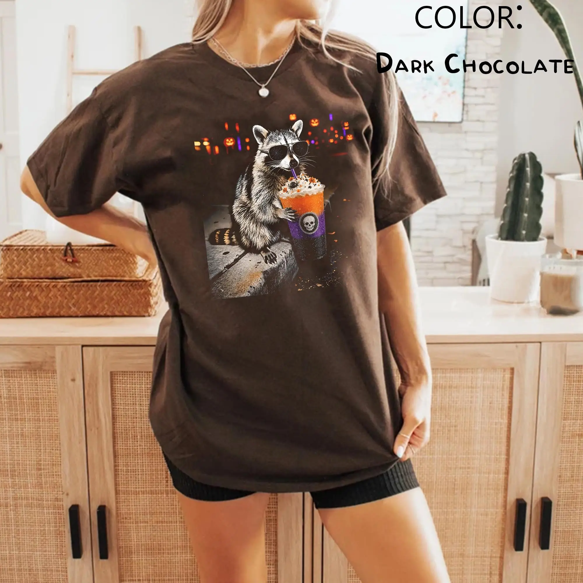 Halloween Raccoon Drinking Coffee Slush Shirt, Funny Spooky Fall Unisex Tee or Sweatshirt - photo 3