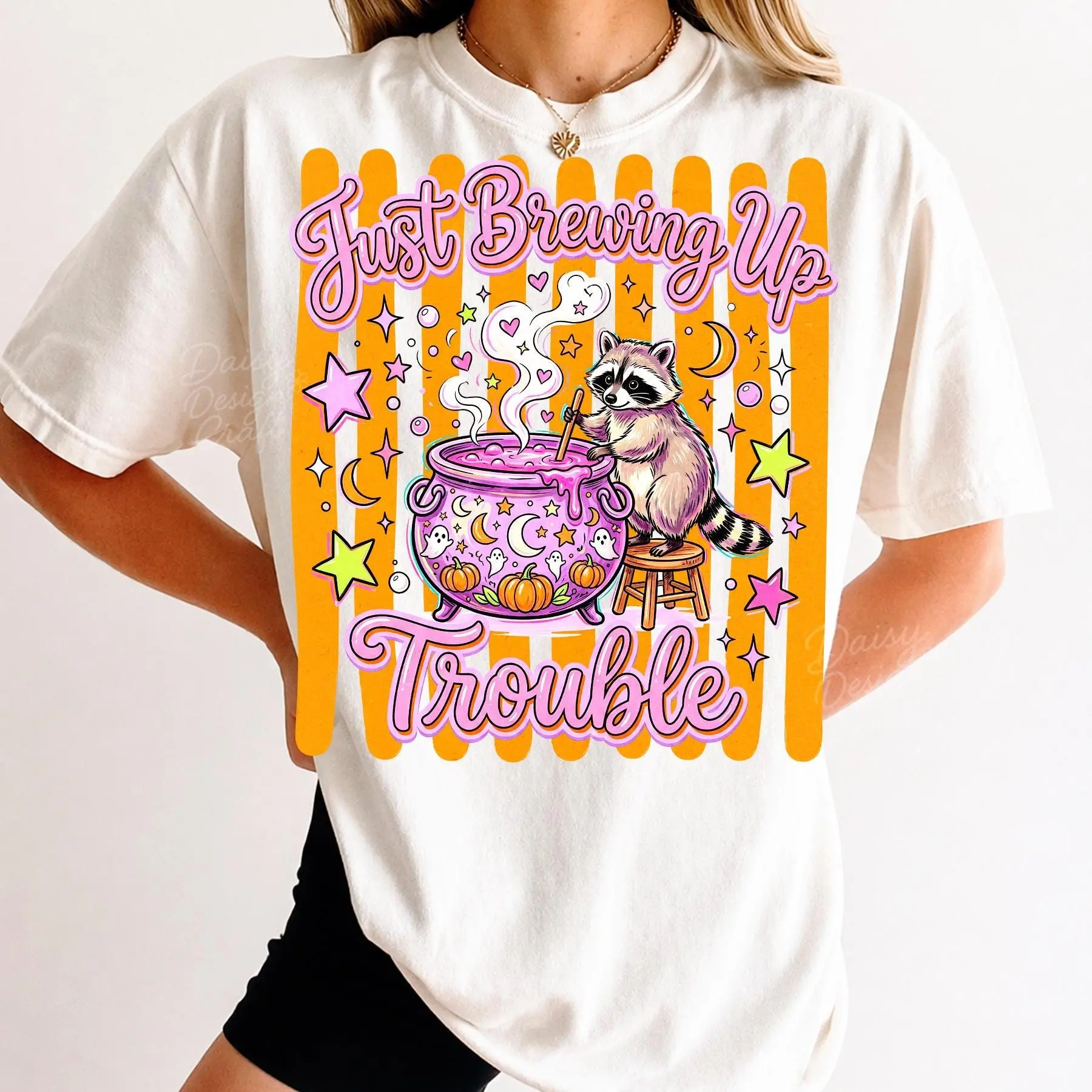 Comfort Colors Halloween Raccoon Just Brewing Up Trouble Shirt, Preppy Spooky Season Tee