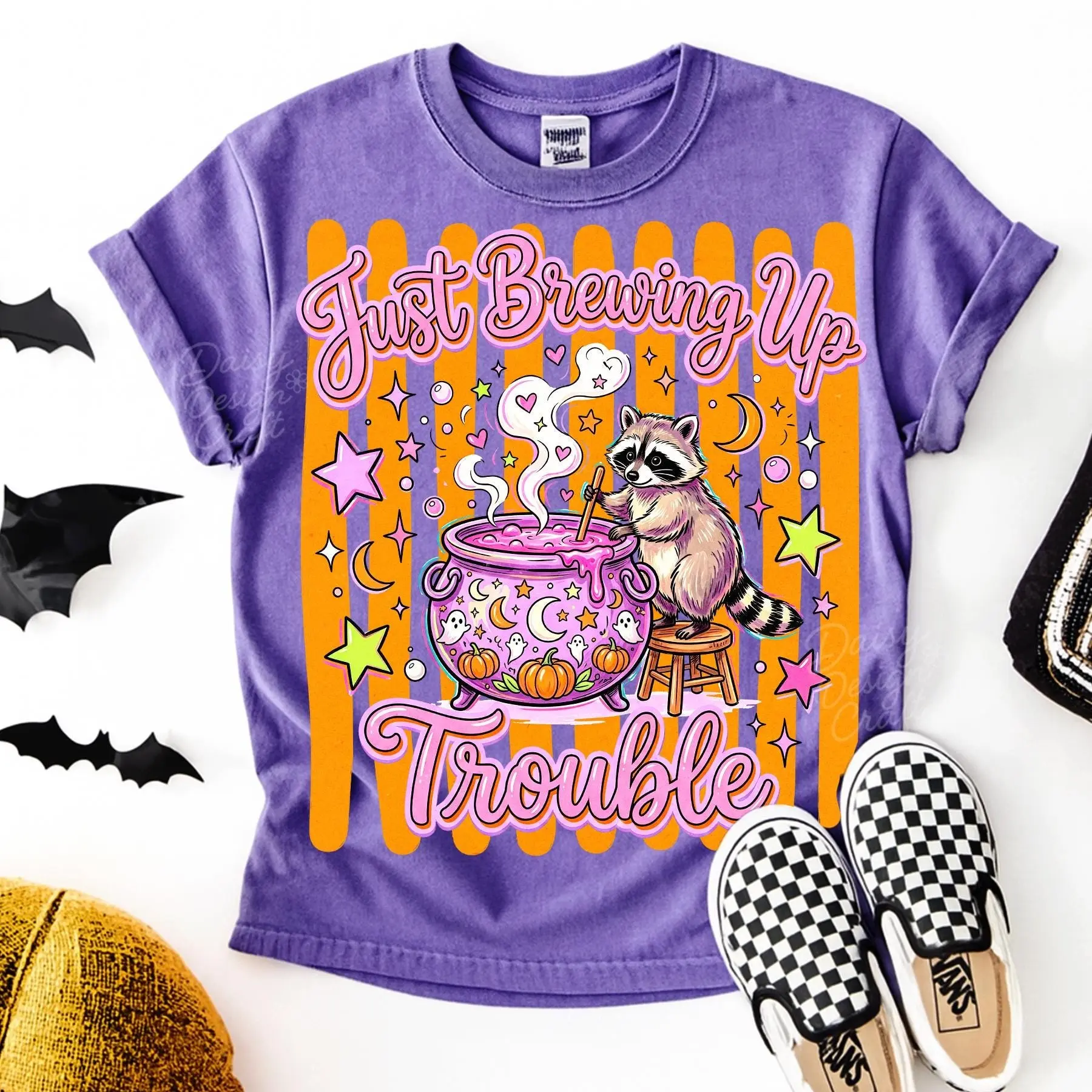 Comfort Colors Halloween Raccoon Just Brewing Up Trouble Shirt, Preppy Spooky Season Tee - photo 2