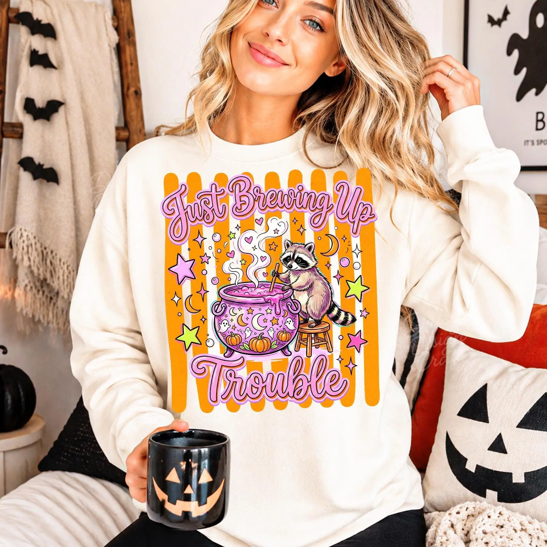 Comfort Colors Halloween Raccoon Just Brewing Up Trouble Shirt, Preppy Spooky Season Tee - photo 4