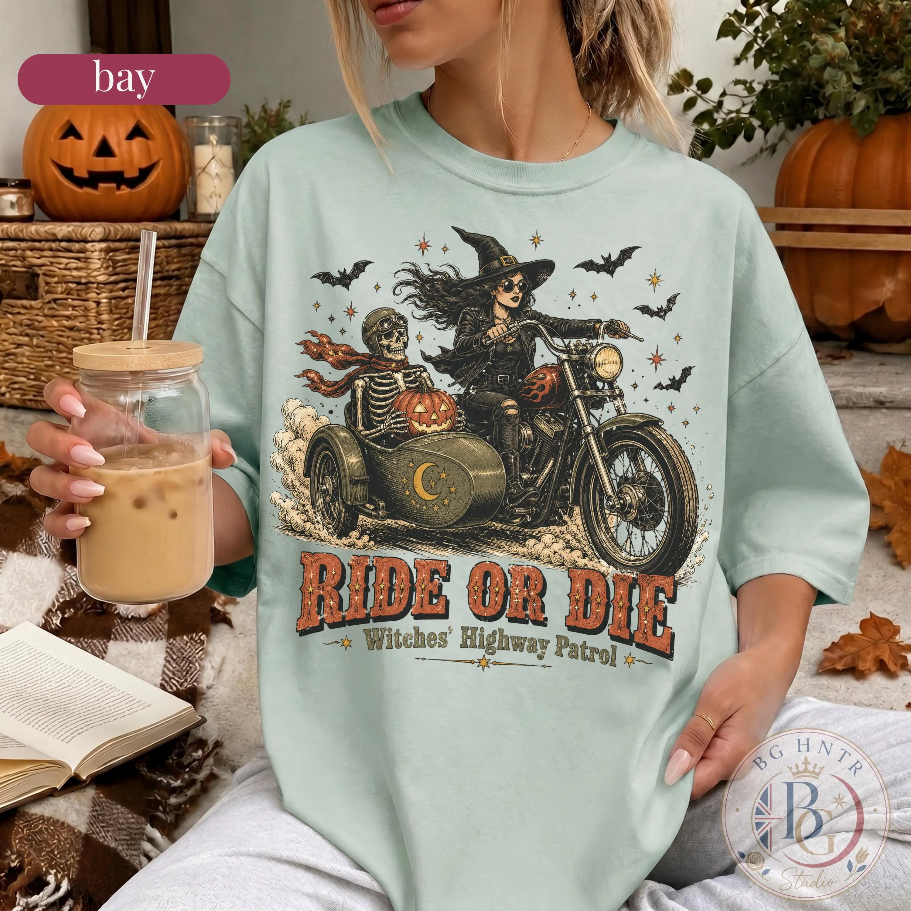 Comfort Colors Halloween Ride Or Die Sweatshirt, Witch Motorcycle Skeleton Oversized Top, Highway Patrol Gift