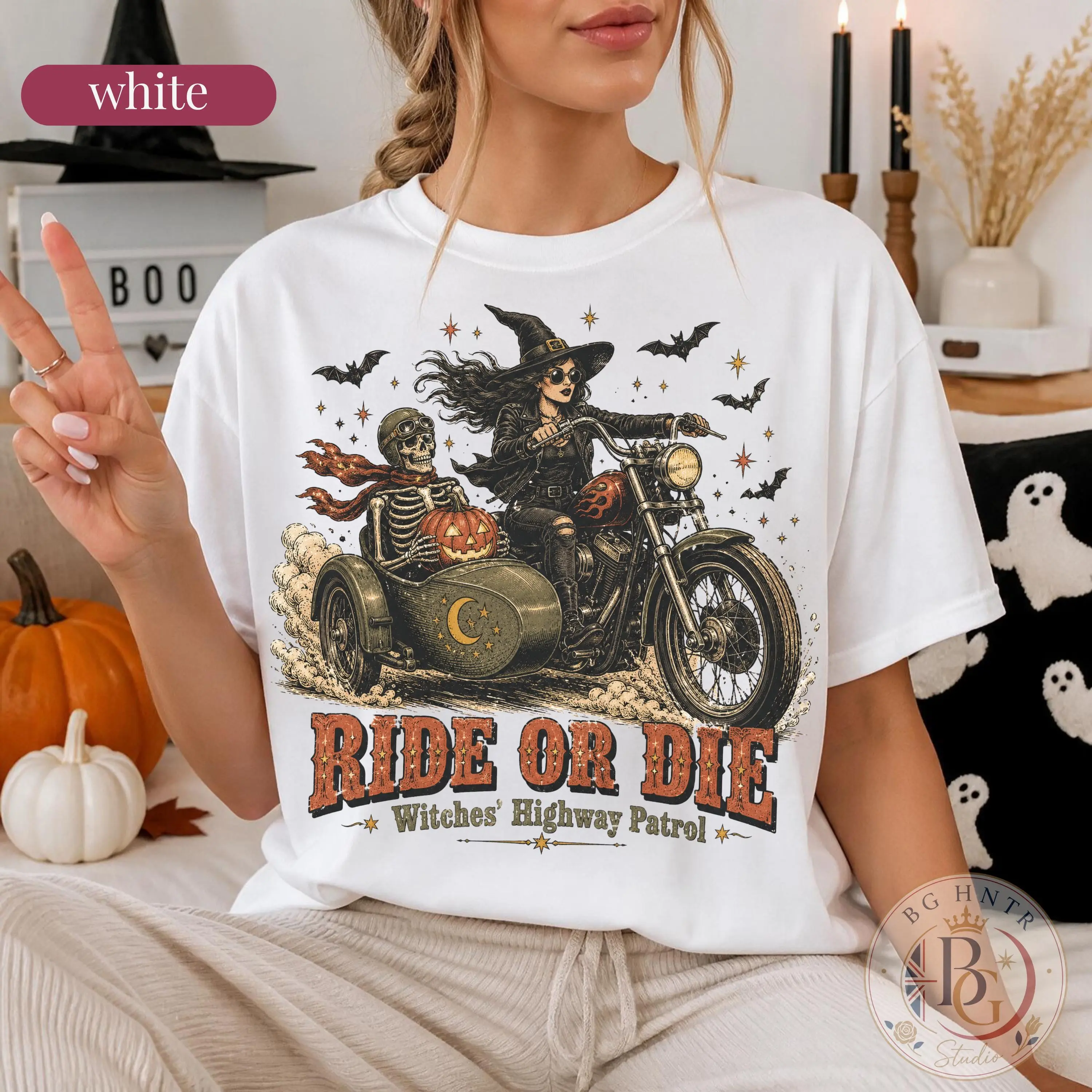 Comfort Colors Halloween Ride Or Die Sweatshirt, Witch Motorcycle Skeleton Oversized Top, Highway Patrol Gift - photo 2