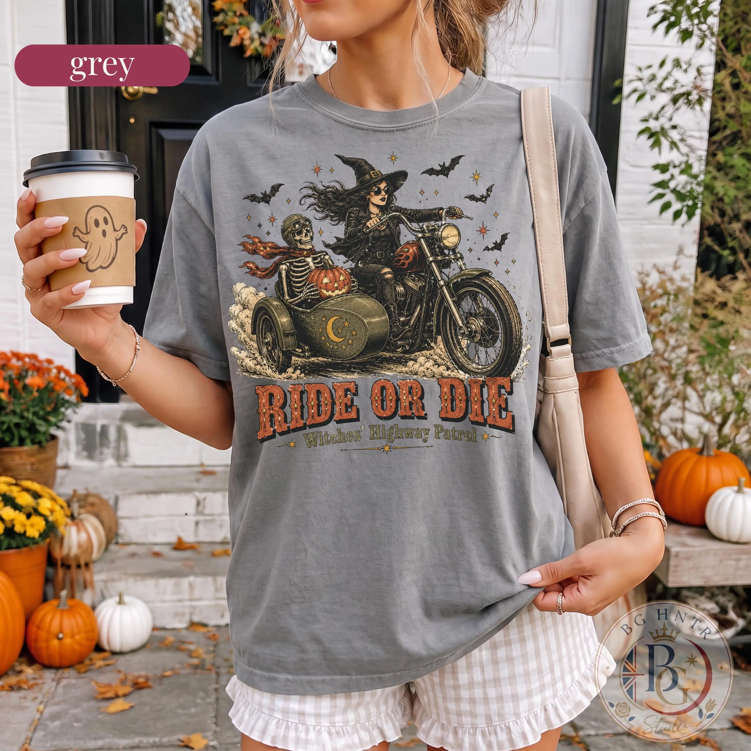 Comfort Colors Halloween Ride Or Die Sweatshirt, Witch Motorcycle Skeleton Oversized Top, Highway Patrol Gift - photo 3