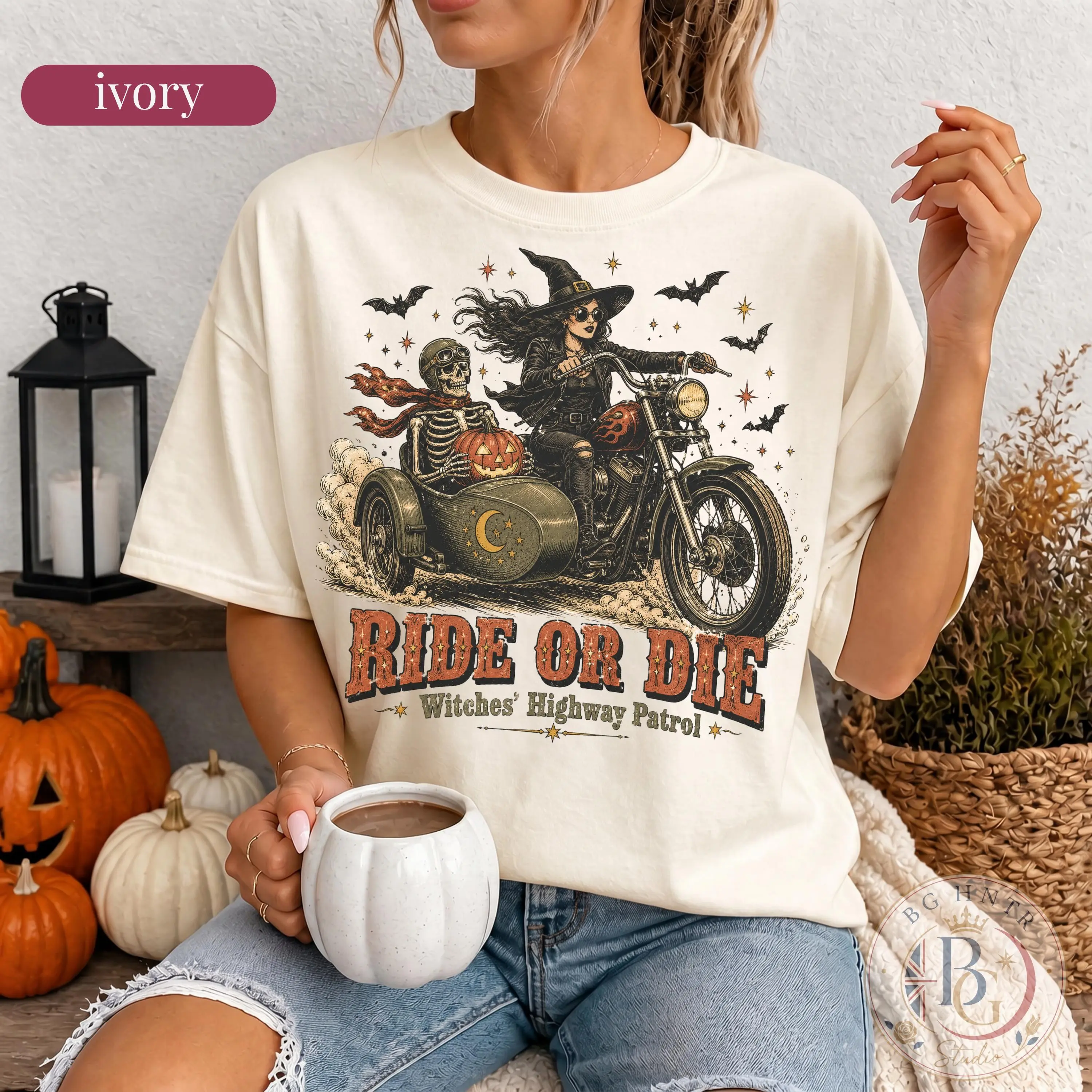 Comfort Colors Halloween Ride Or Die Sweatshirt, Witch Motorcycle Skeleton Oversized Top, Highway Patrol Gift - photo 4