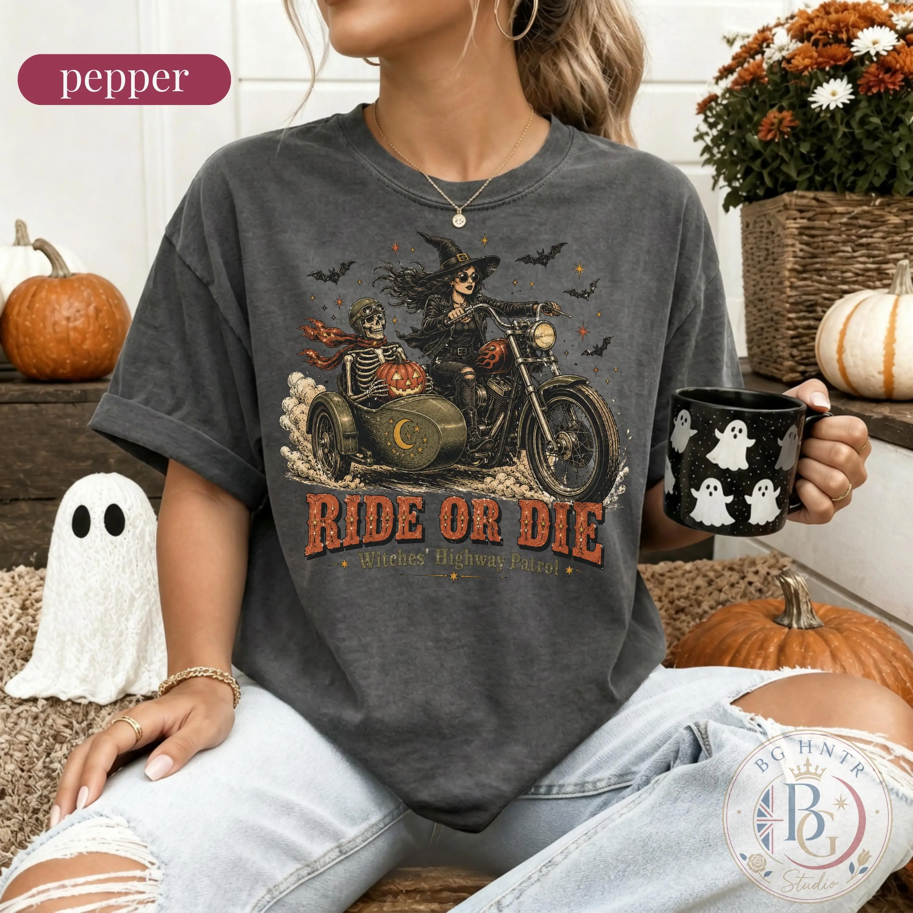 Comfort Colors Halloween Ride Or Die Sweatshirt, Witch Motorcycle Skeleton Oversized Top, Highway Patrol Gift - photo 5