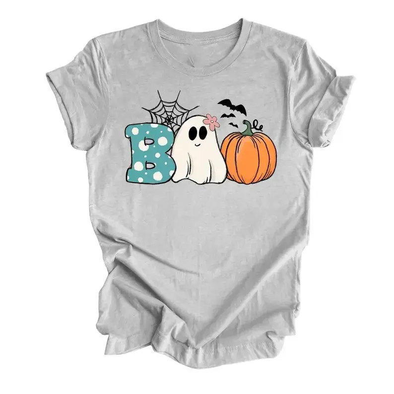 Halloween BOO Ghost Pumpkin Shirt for Women, Funny Graphic Tee, Unisex Crewneck Classic Cotton Casual Short Sleeve Fall Top