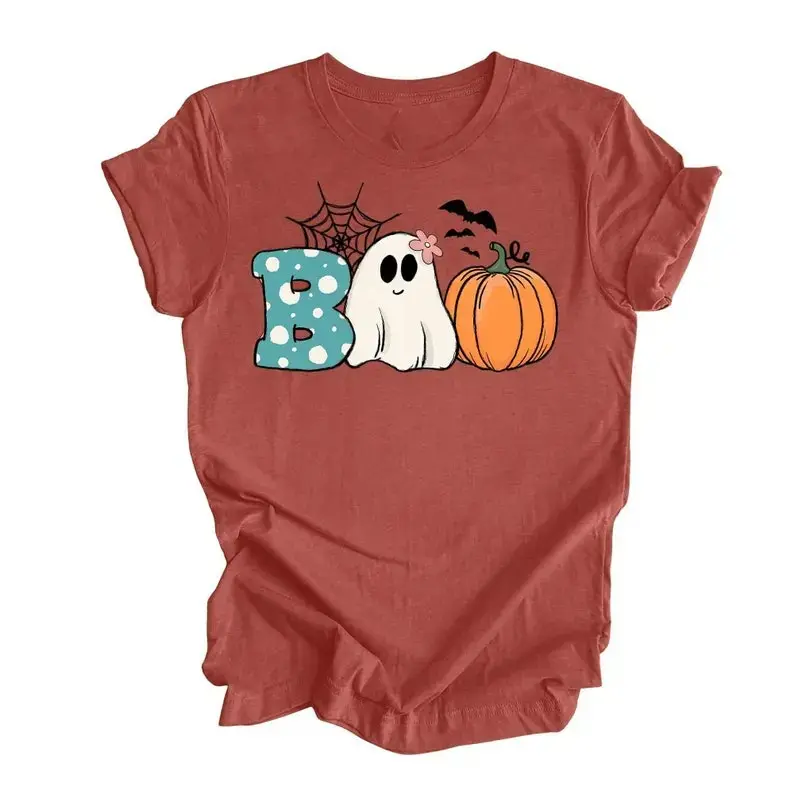 Halloween BOO Ghost Pumpkin Shirt for Women, Funny Graphic Tee, Unisex Crewneck Classic Cotton Casual Short Sleeve Fall Top - photo 2