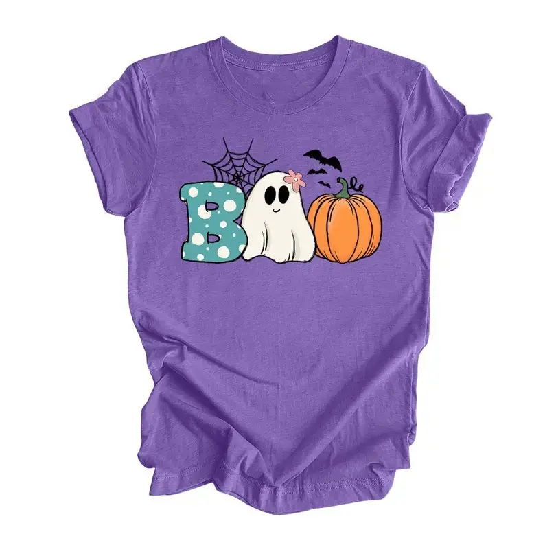 Halloween BOO Ghost Pumpkin Shirt for Women, Funny Graphic Tee, Unisex Crewneck Classic Cotton Casual Short Sleeve Fall Top - photo 5