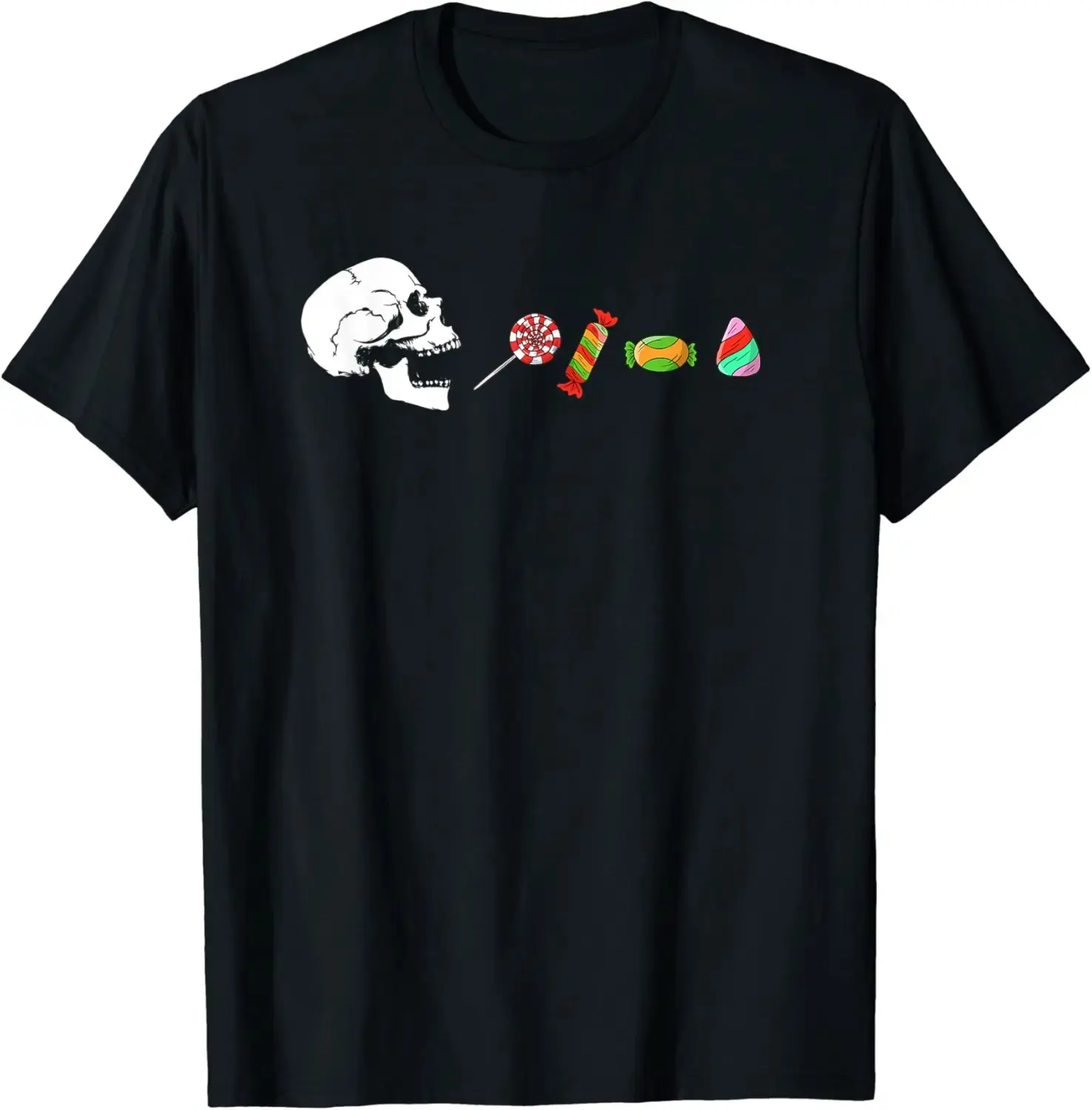 Halloween Skeleton Eats Candy T-Shirt, Funny Graphic Tee for Women, Cute Spooky Season Trick or Treat Fall Costume Top