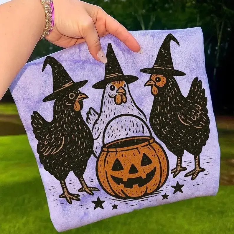 Halloween Spooky Chick or Treat Shirt for Women, Witch Chicken Graphic Tee, Funny Farmhouse Cute Pumpkin Top