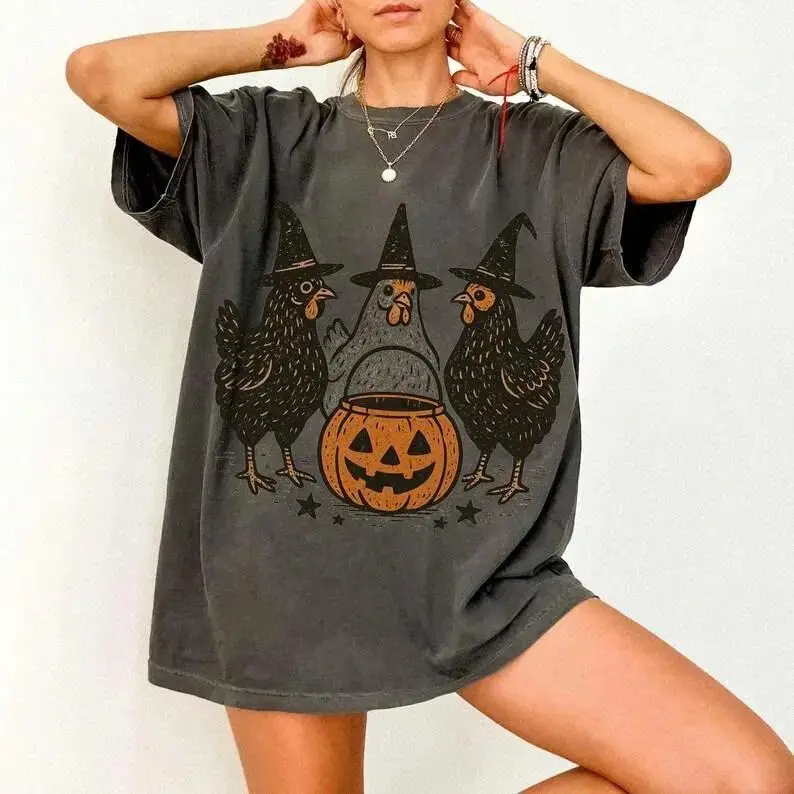 Halloween Spooky Chick Or Treat Shirt, Funny Witch Chicken Pumpkin Farmhouse Graphic Tee for Women