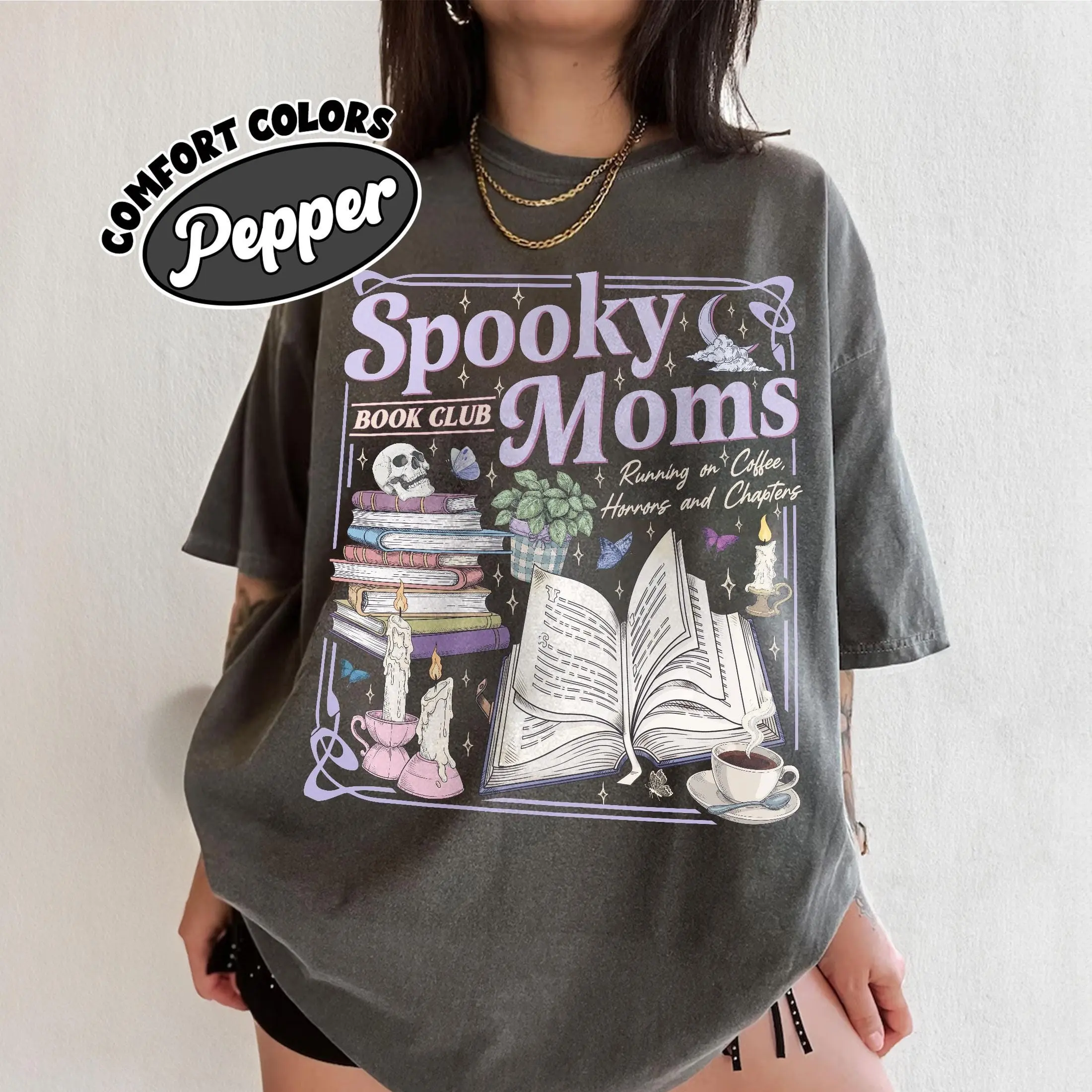 Halloween Spooky Moms Book Club Comfort Colors Shirt, Tired Mom Coffee Lover Fall Reader Bookish Tee Gift
