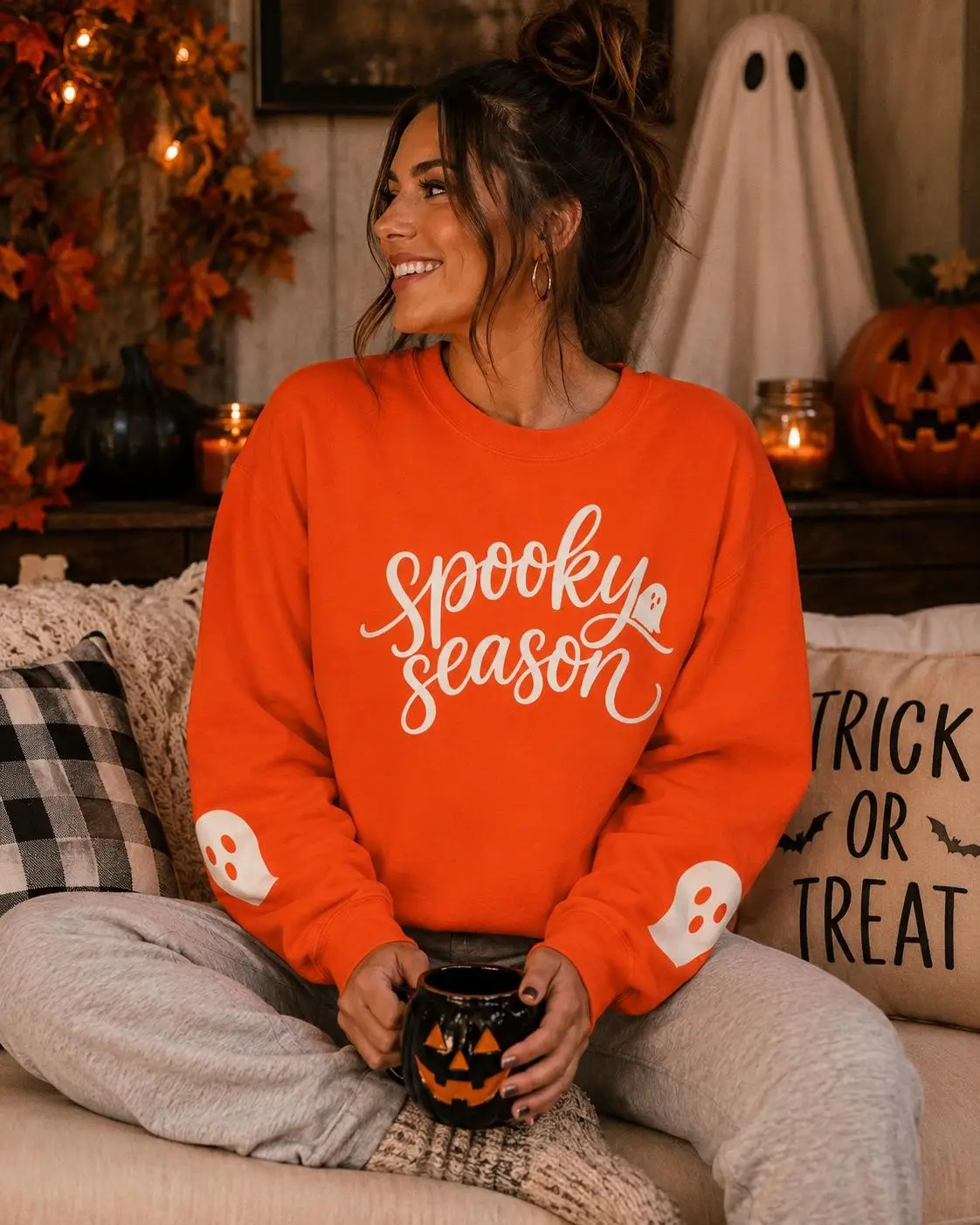 Halloween Spooky Season Sweatshirt with Ghost Crewneck Shirt