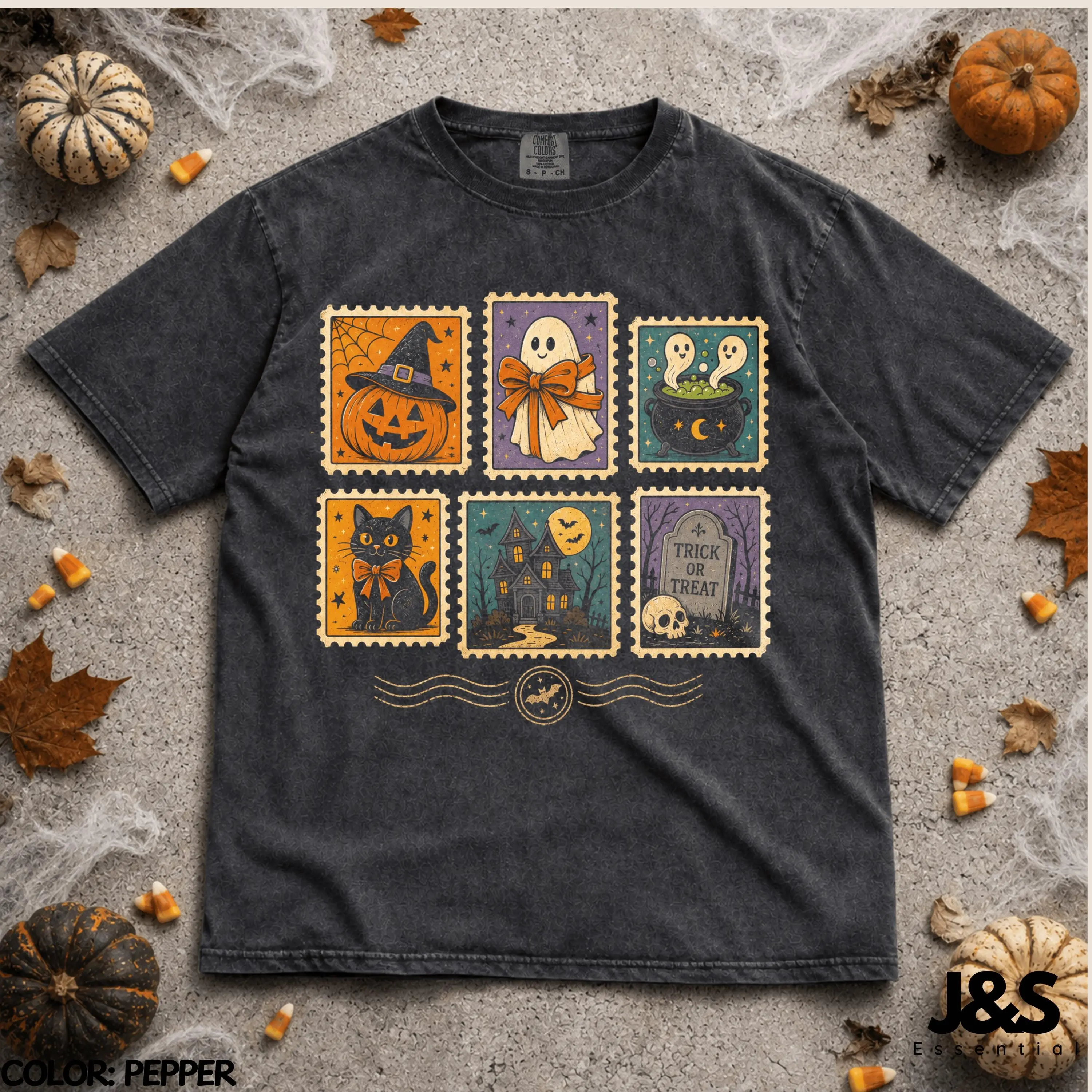 Halloween Stamp Shirt, Vintage Spooky Postage Tee, Ghost Black Cat Pumpkin Trick Or Treat Retro Graphic Gift