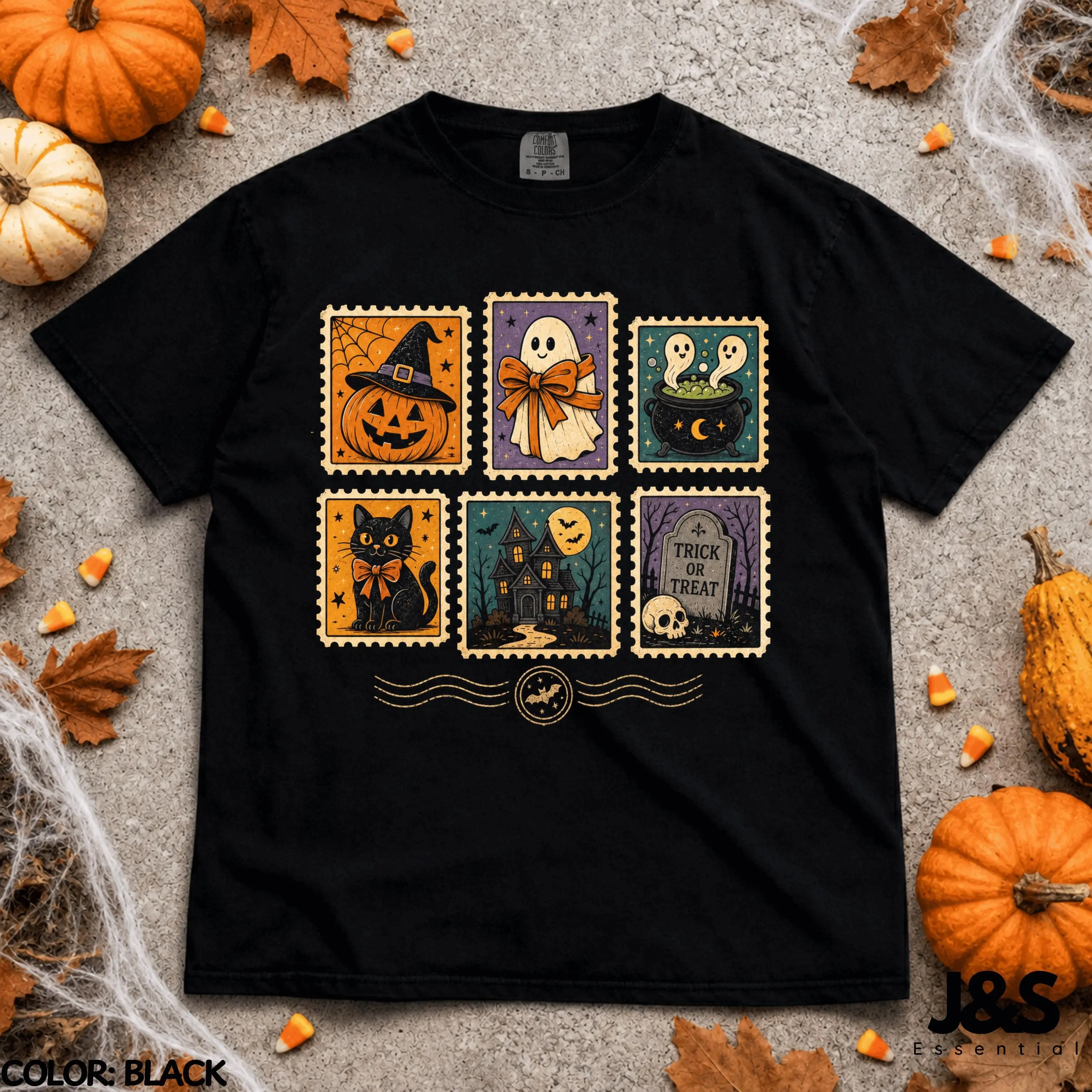 Halloween Stamp Shirt, Vintage Spooky Postage Tee, Ghost Black Cat Pumpkin Trick Or Treat Retro Graphic Gift - photo 2