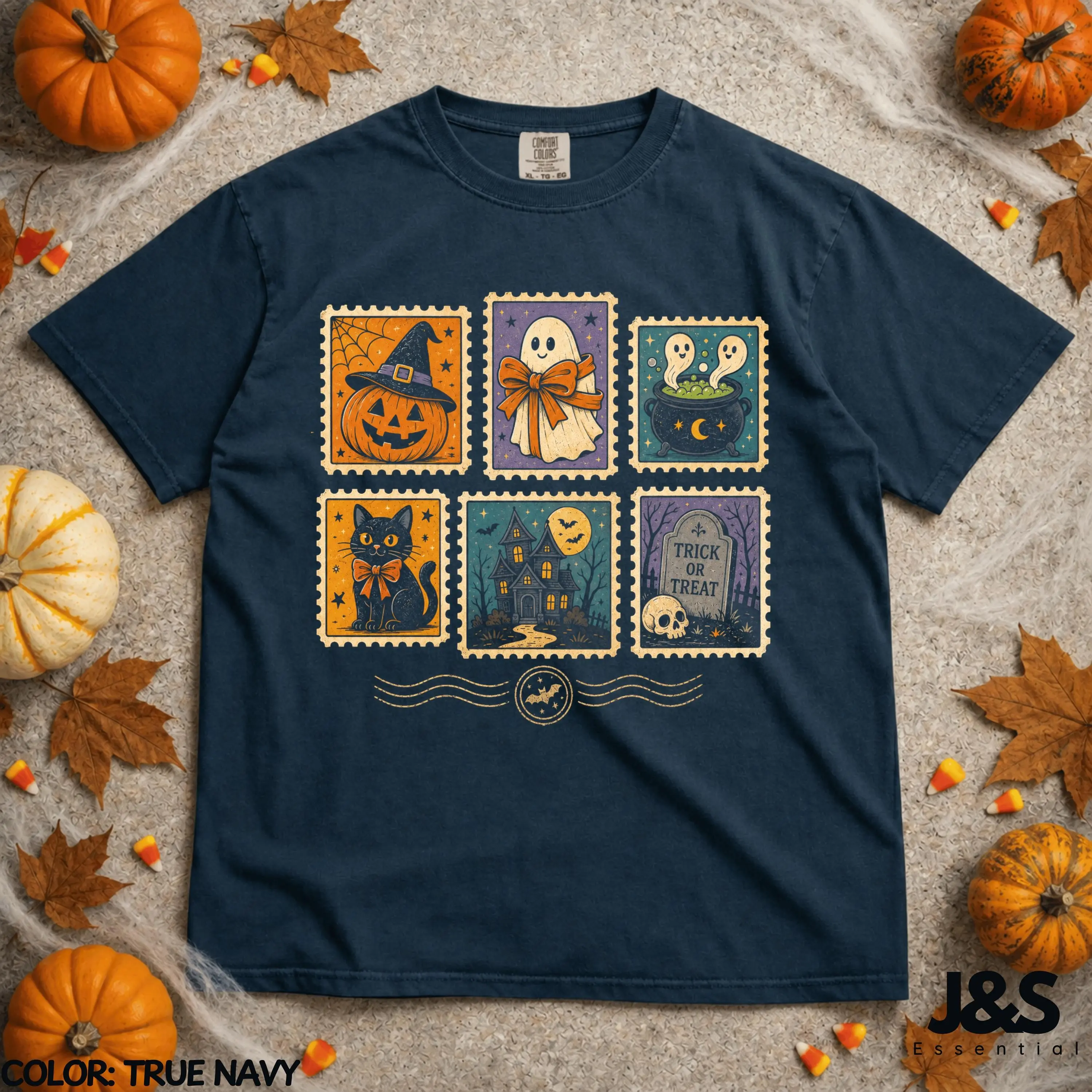 Halloween Stamp Shirt, Vintage Spooky Postage Tee, Ghost Black Cat Pumpkin Trick Or Treat Retro Graphic Gift - photo 3