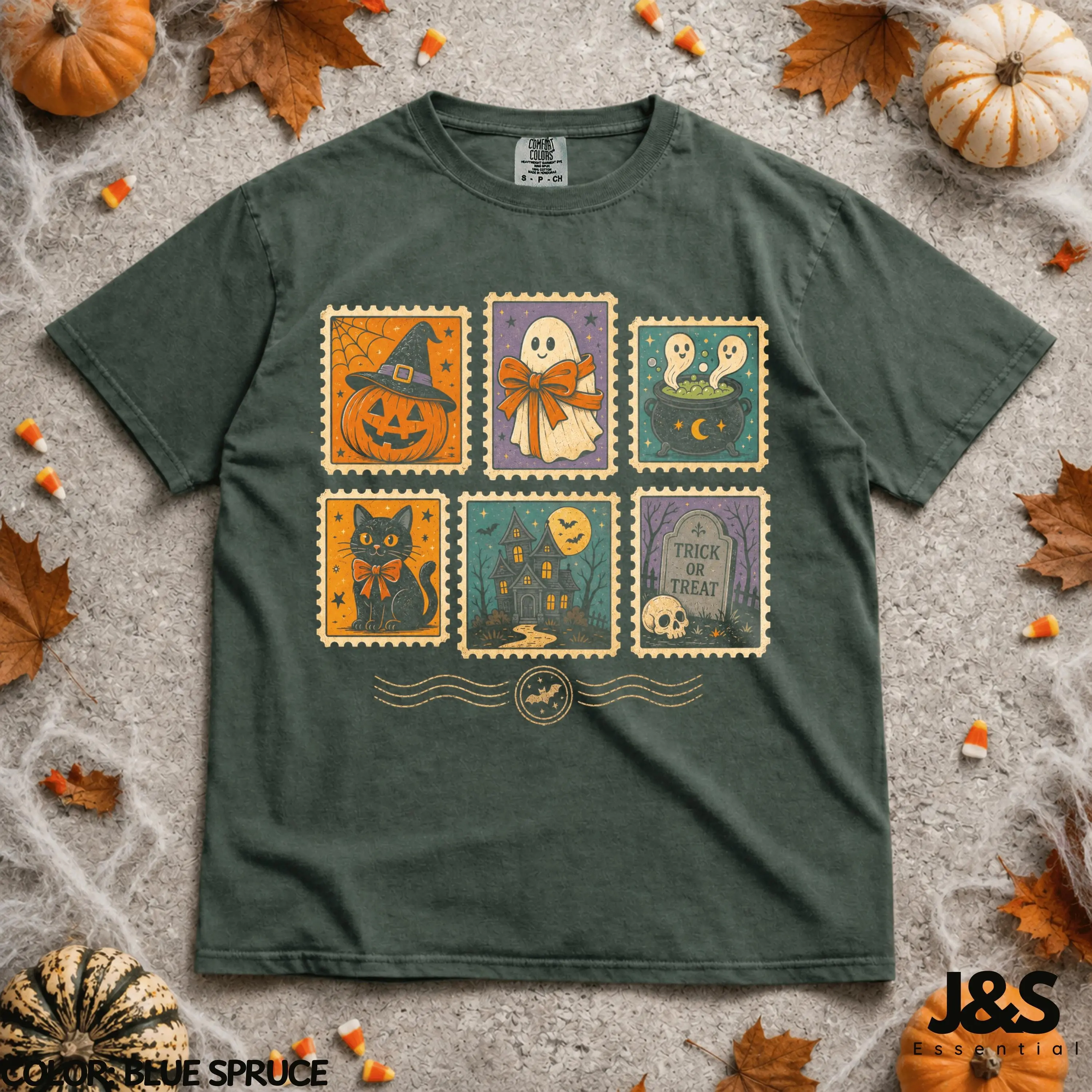 Halloween Stamp Shirt, Vintage Spooky Postage Tee, Ghost Black Cat Pumpkin Trick Or Treat Retro Graphic Gift - photo 4