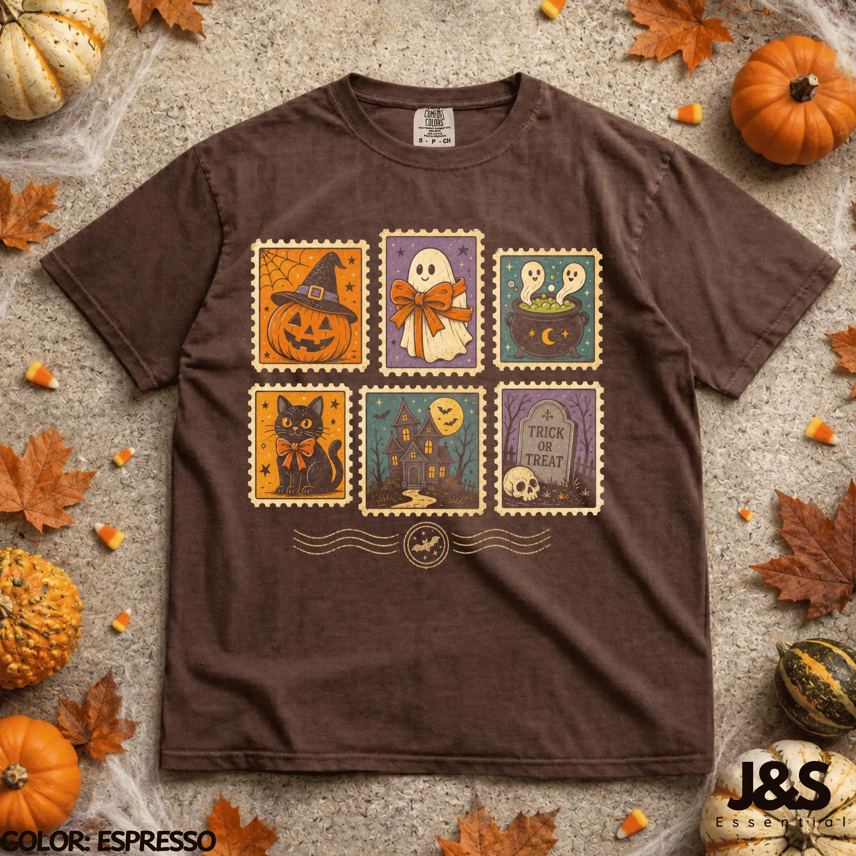Halloween Stamp Shirt, Vintage Spooky Postage Tee, Ghost Black Cat Pumpkin Trick Or Treat Retro Graphic Gift - photo 5