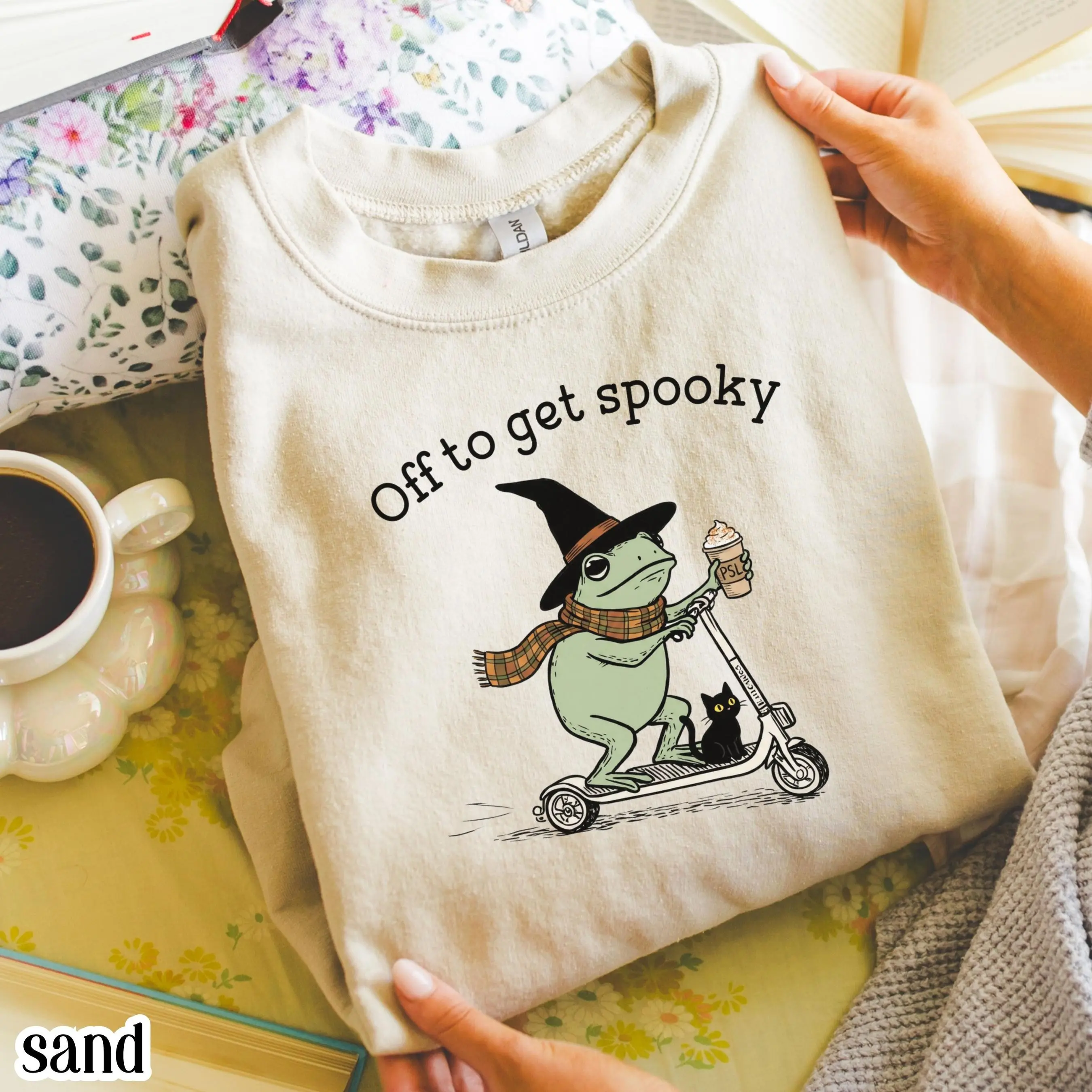 Off To Get Spooky Halloween Sweatshirt, Frog Scooter Silly Cozy Witch Crewneck Pullover, Black Cat Pumpkin Spice Latte