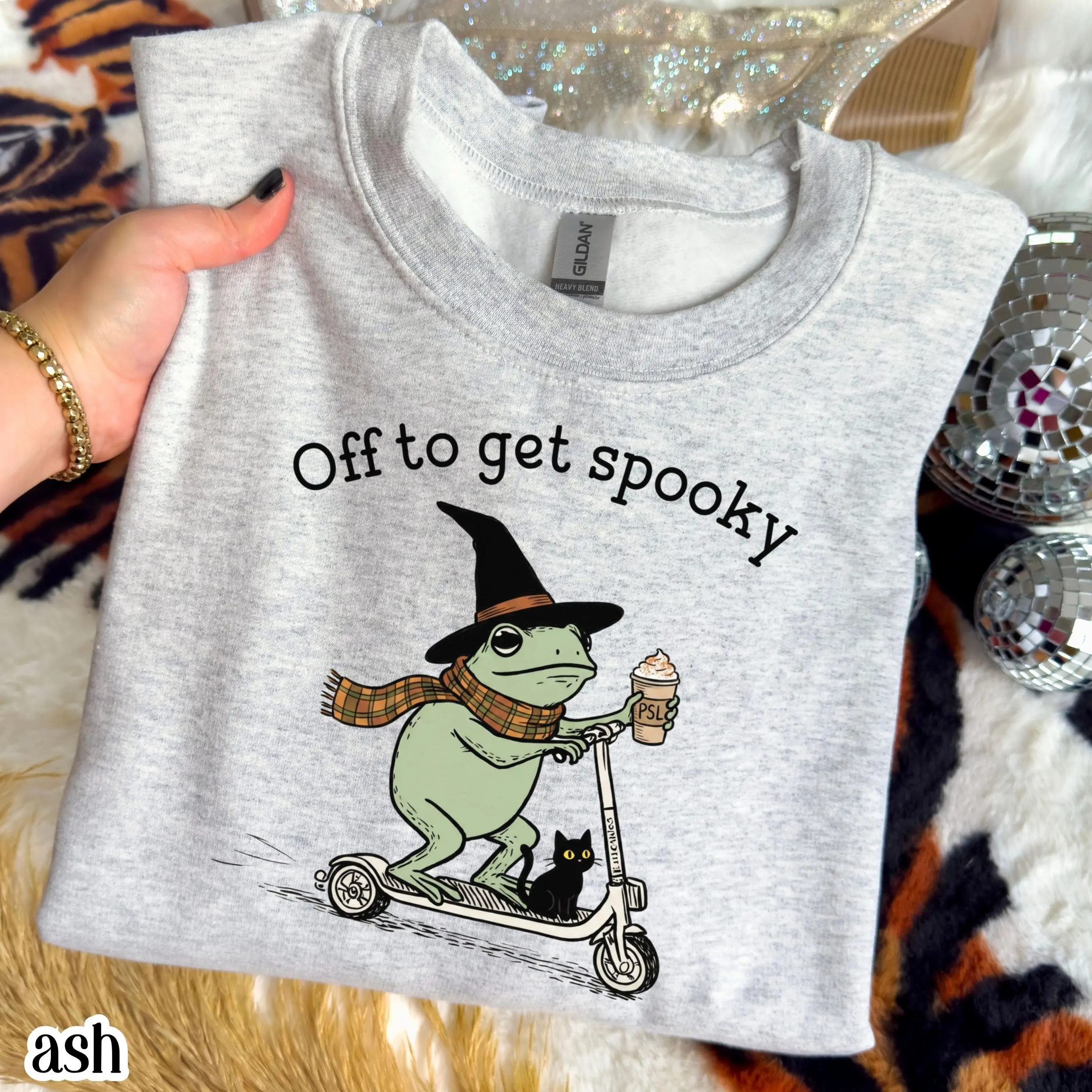 Off To Get Spooky Halloween Sweatshirt, Frog Scooter Silly Cozy Witch Crewneck Pullover, Black Cat Pumpkin Spice Latte - photo 2