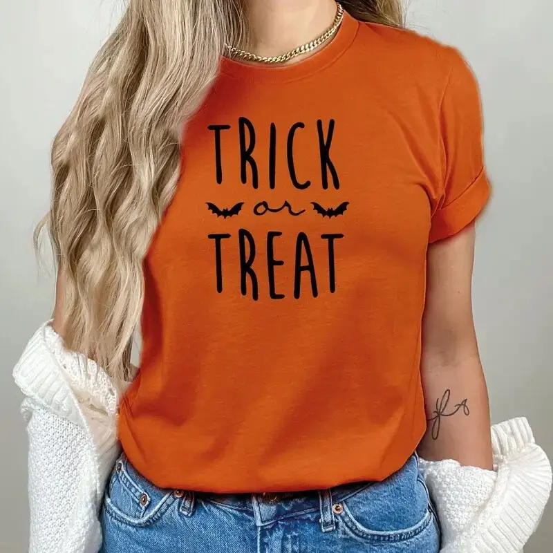 Trick or Treat Halloween T-Shirt for Women, Funny Pumpkin Costume Fall Graphic Tee Gift for Friends