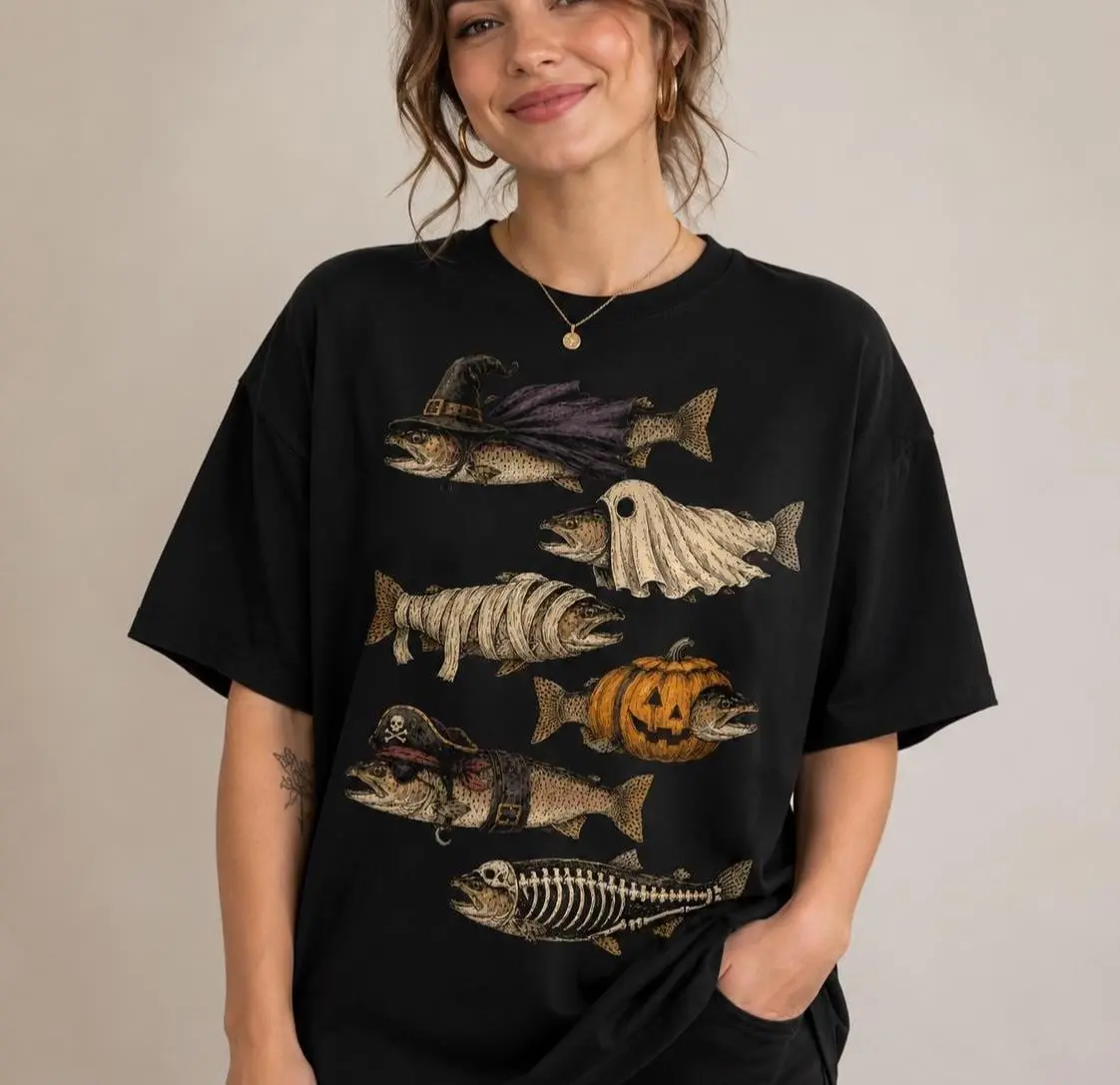 Comfort Colors Halloween Trout Shirt, Spooky Fishing Graphic Tee, Fisherman Fall Gift