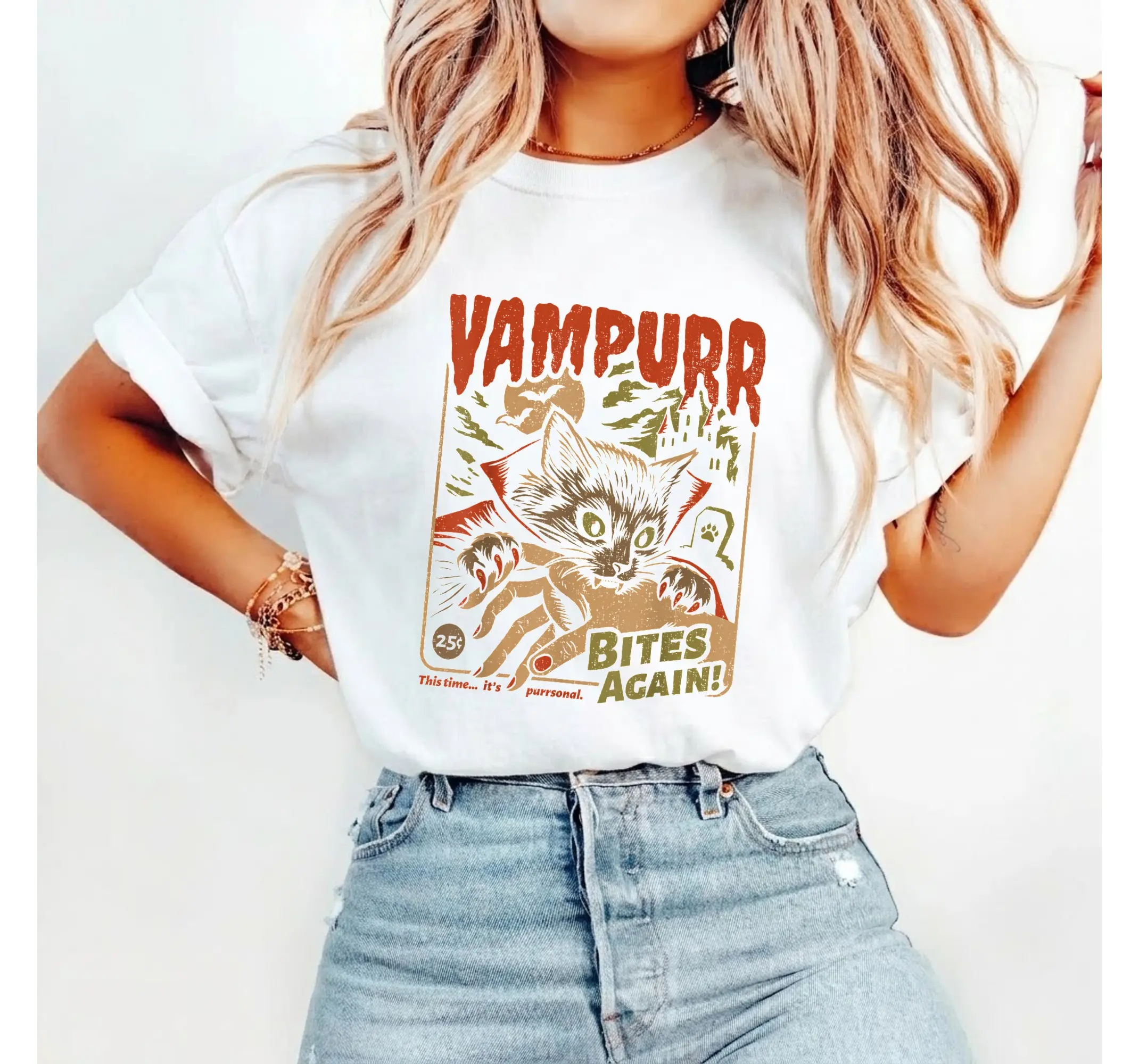 Halloween Vampire Cat Shirt, Funny Vintage Vampurr Graphic Tee for Cat Lovers